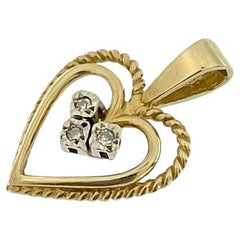 Vintage Spanish Double Heart Pendant Yellow and White Gold with Diamonds
