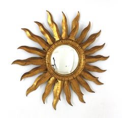 Miroir espagnol à double couche convexe en métal doré, années 1950