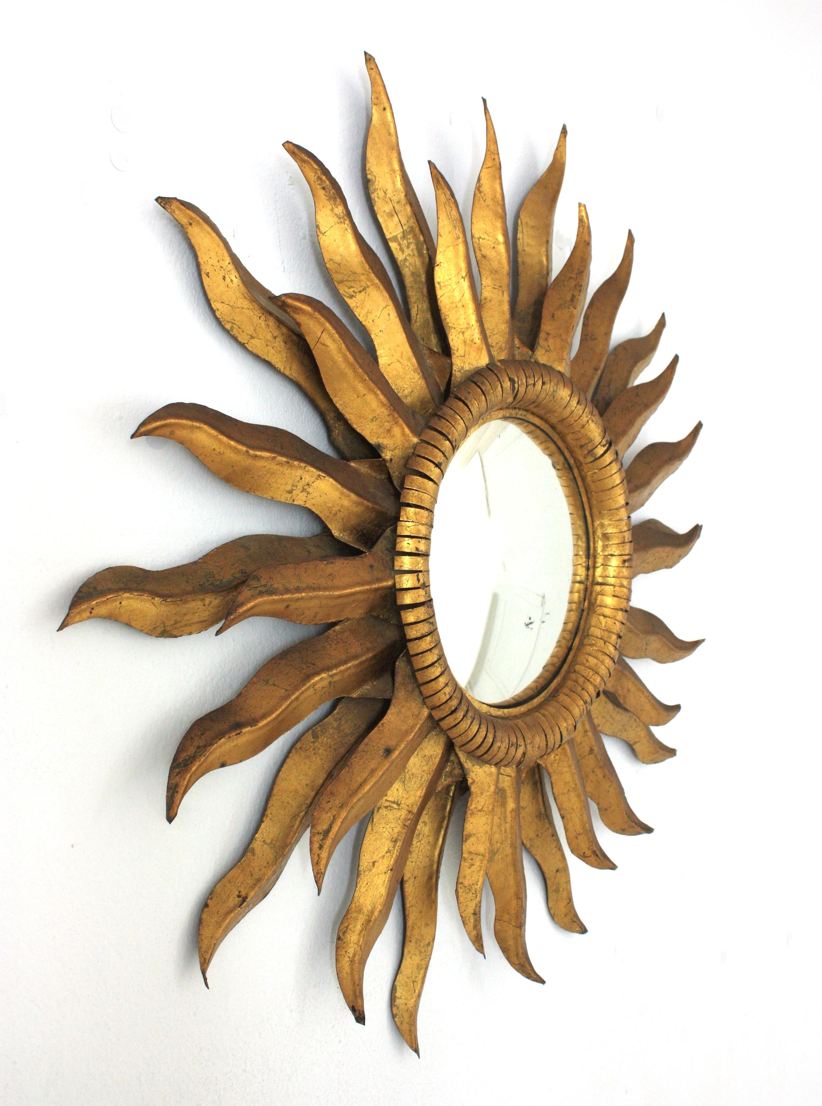 Mid-Century Modern Spanish Double Layered Convex Sunburst Mirror in Gilt Metal, 1950s For Sale