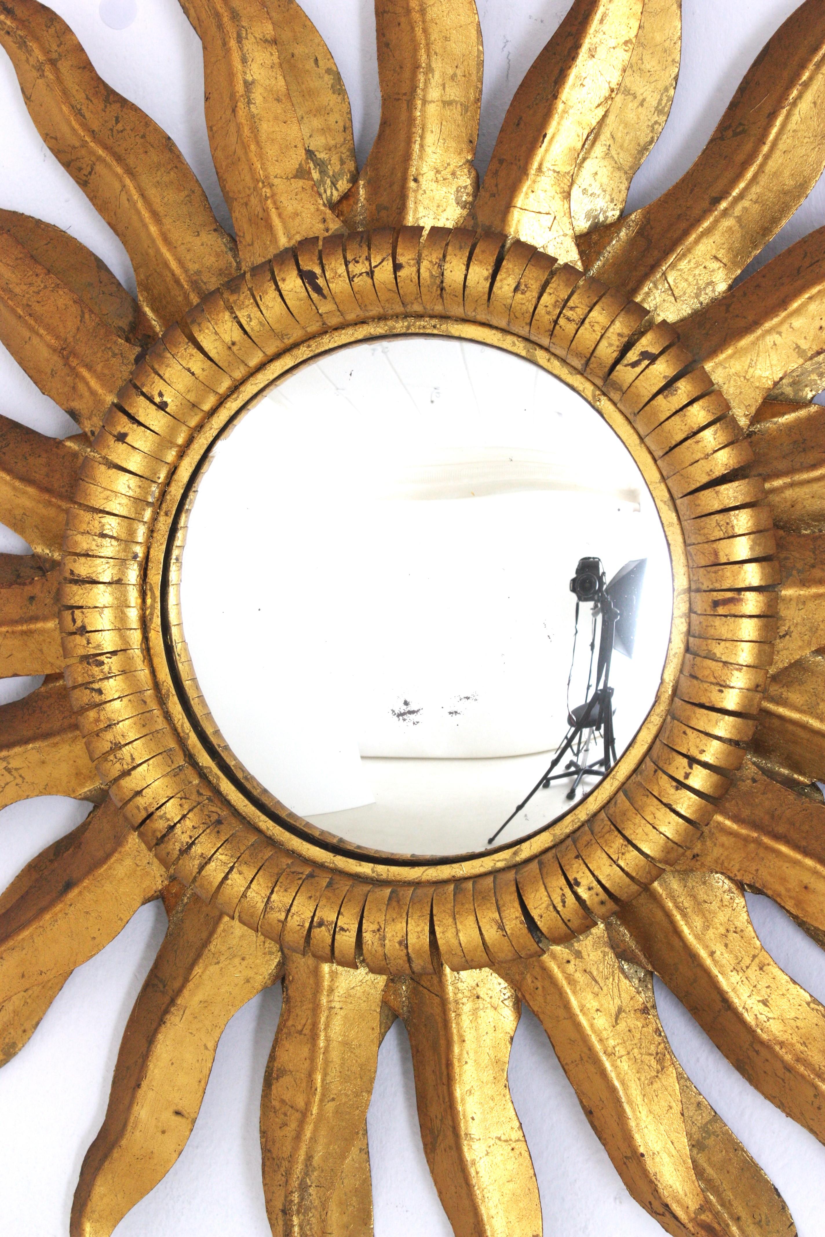 20th Century Spanish Double Layered Convex Sunburst Mirror in Gilt Metal, 1950s For Sale