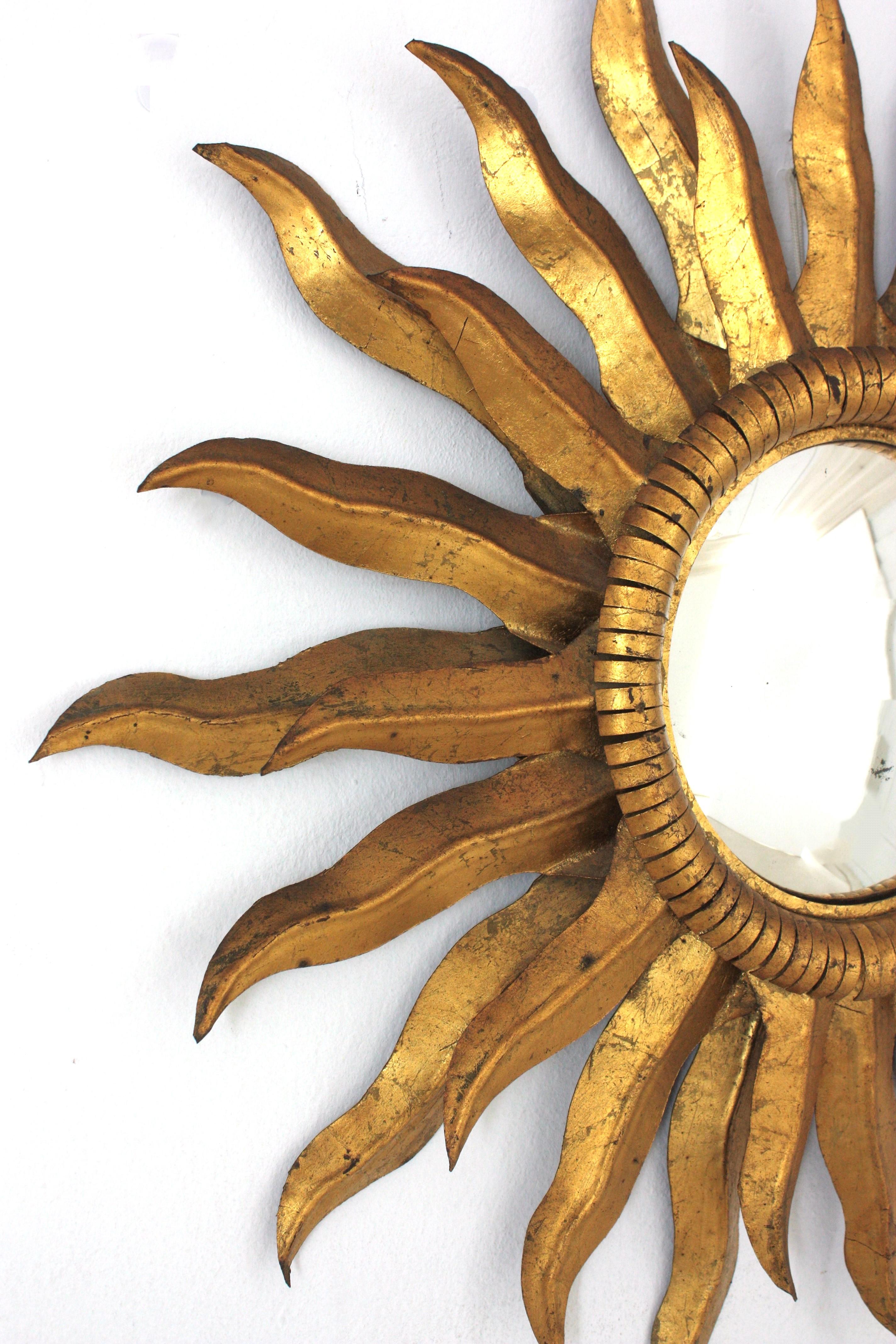 Spanish Double Layered Convex Sunburst Mirror in Gilt Metal, 1950s For Sale 1