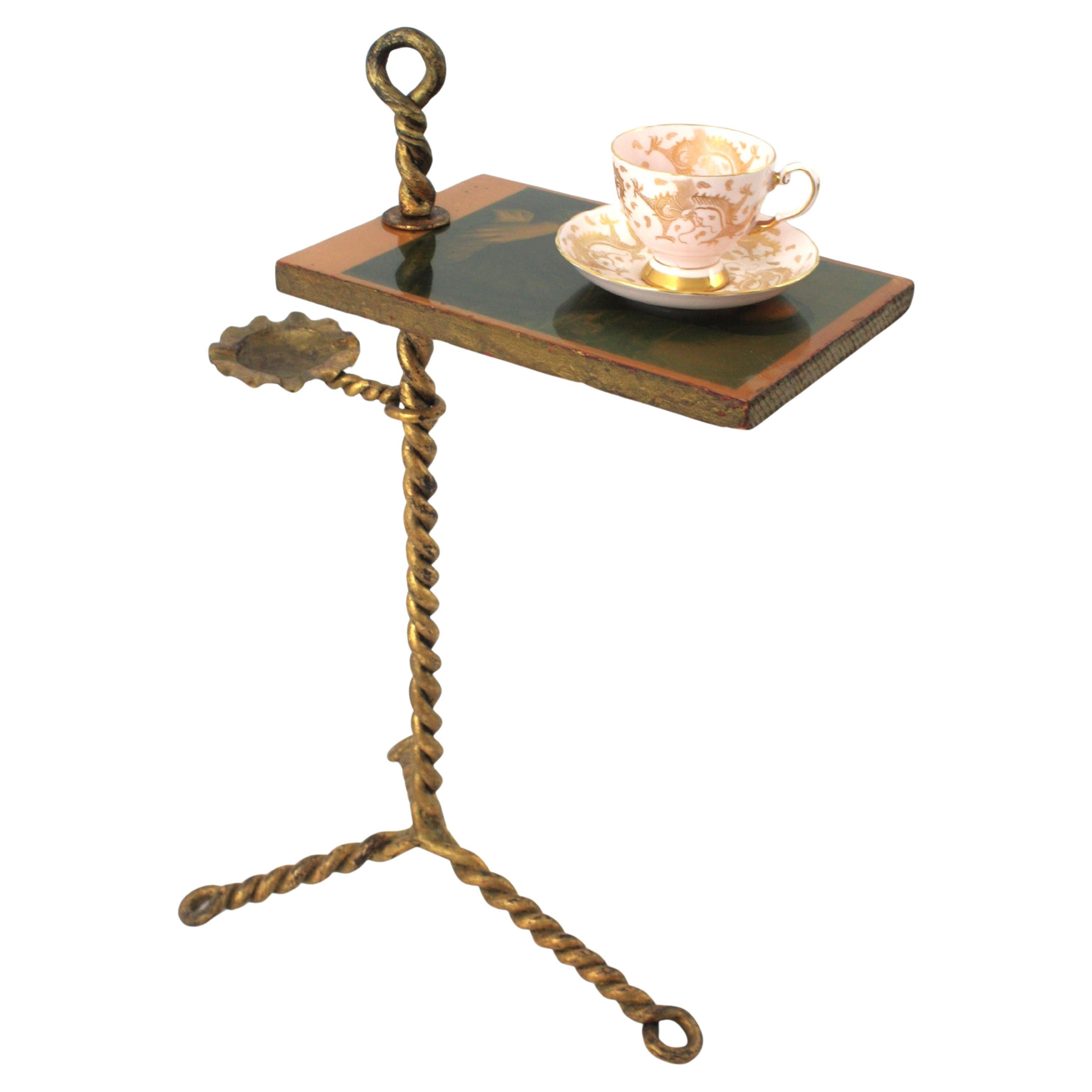 Spanish Drinks Side Table in Twisted Hand Forged Gilt Iron with Ashtray, 1940s For Sale