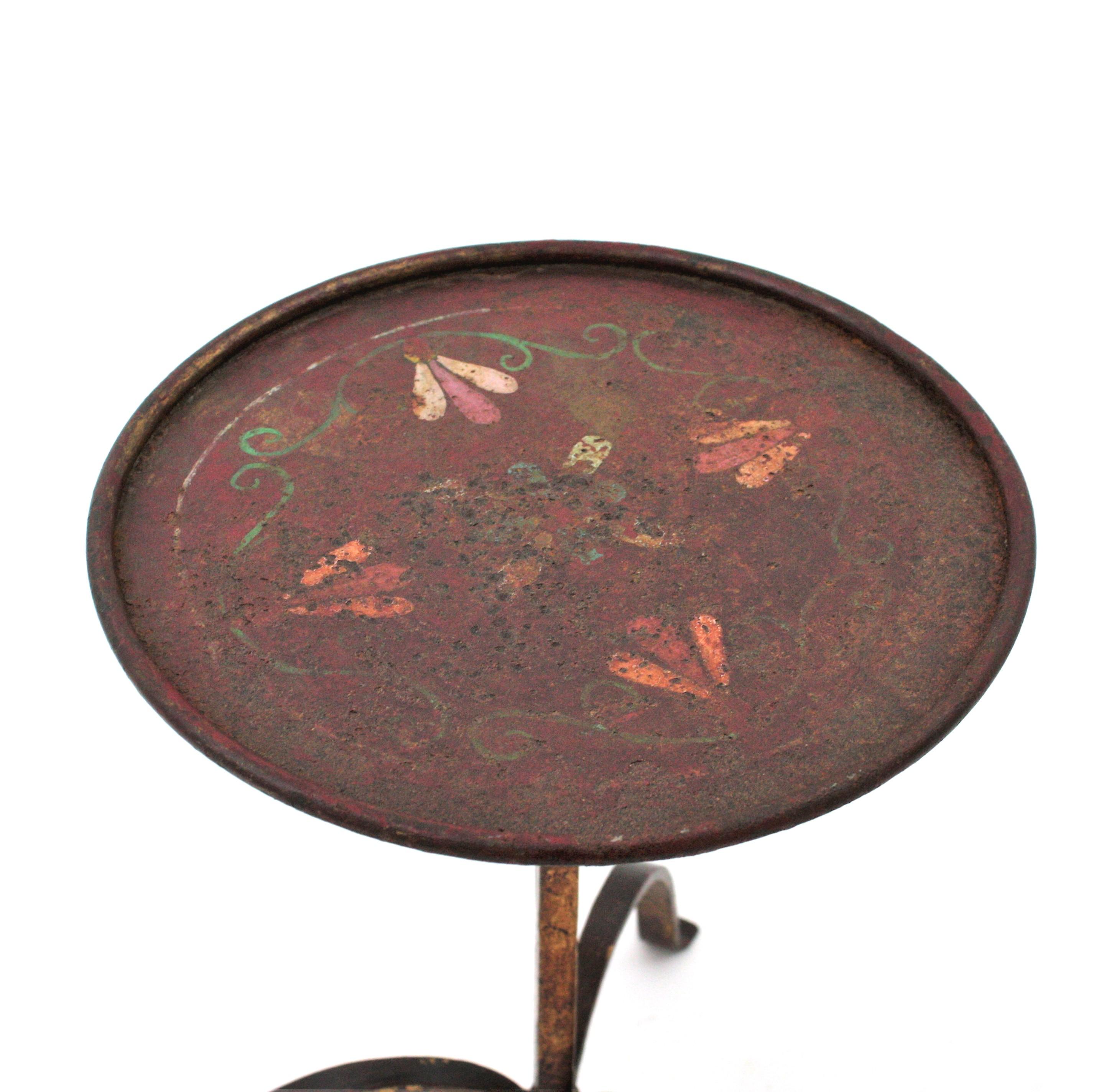 Metal Spanish Drinks Table, End Table, Martini Table in Polychromed Gilt Iron, 1940s For Sale