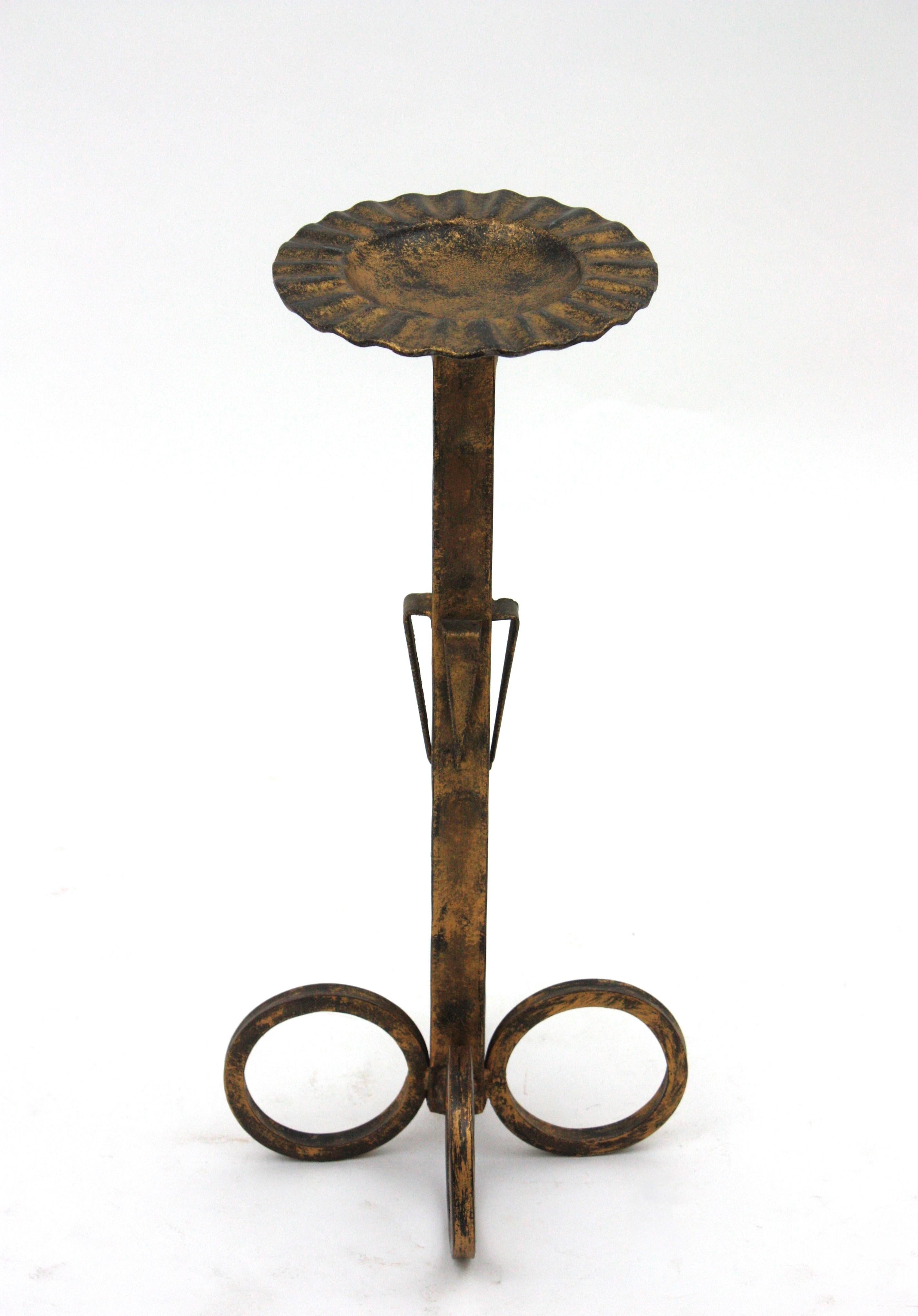 Spanish Drinks Table, End Table or Floor Ashtray with Loop Base, Gilt Iron For Sale 7