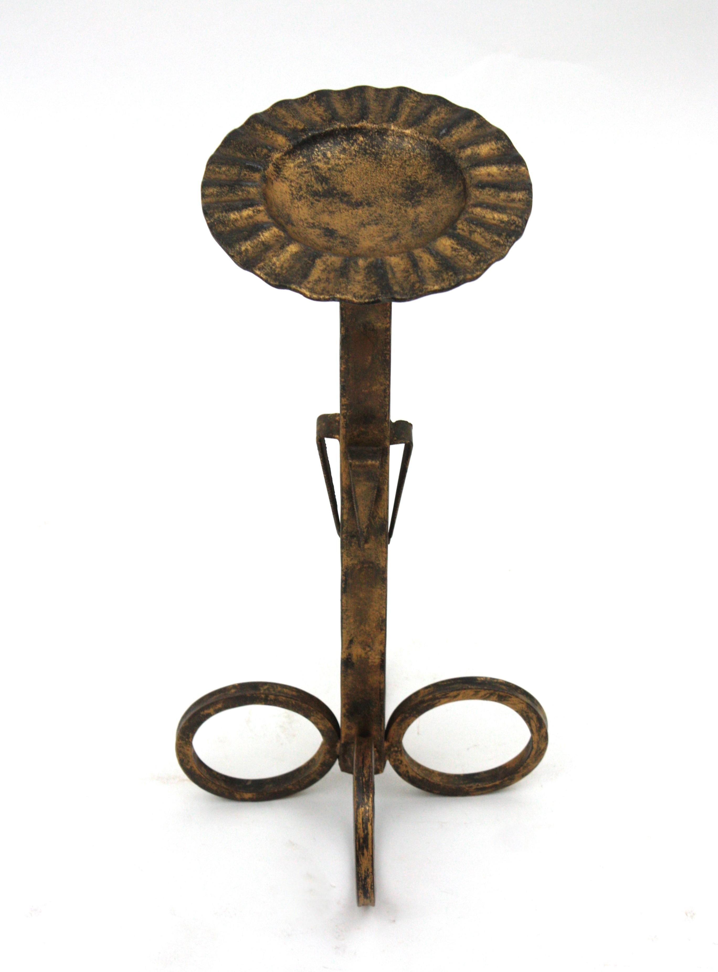 20th Century Spanish Drinks Table, End Table or Floor Ashtray with Loop Base, Gilt Iron For Sale