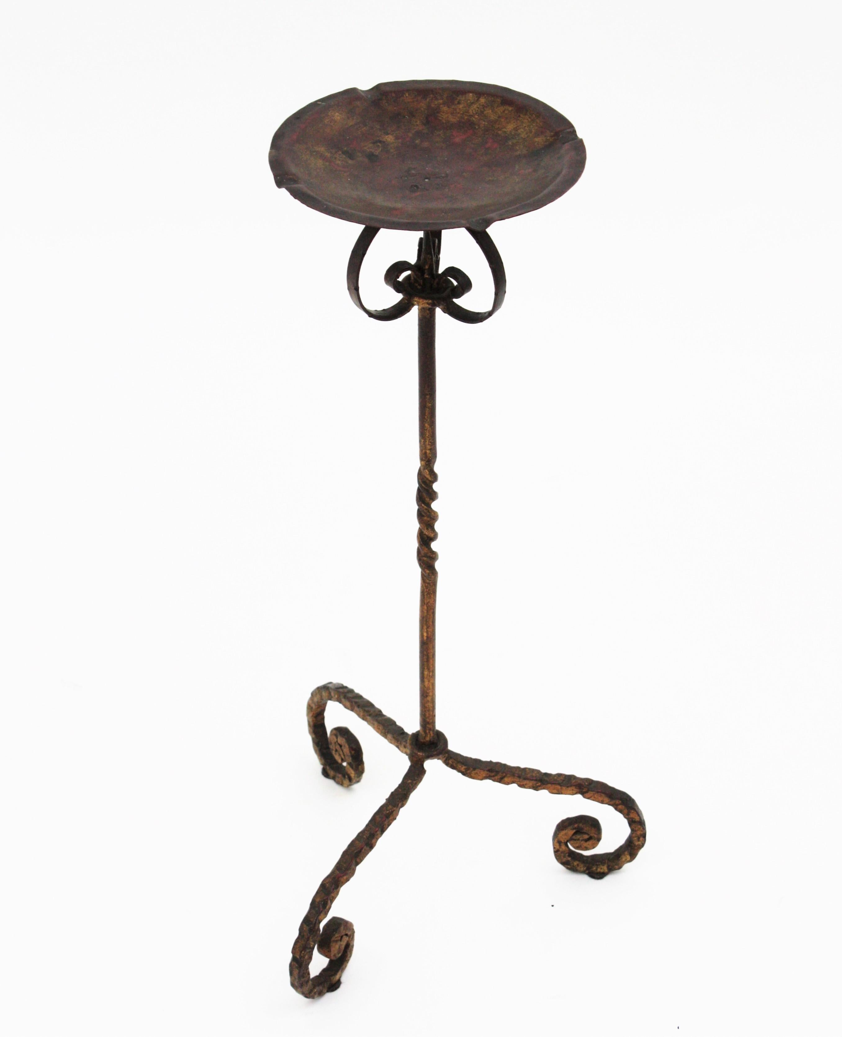 Gothic Revival Spanish Drinks Table / Side Table / Floor Ashtray, Wrought Iron, 1940s For Sale