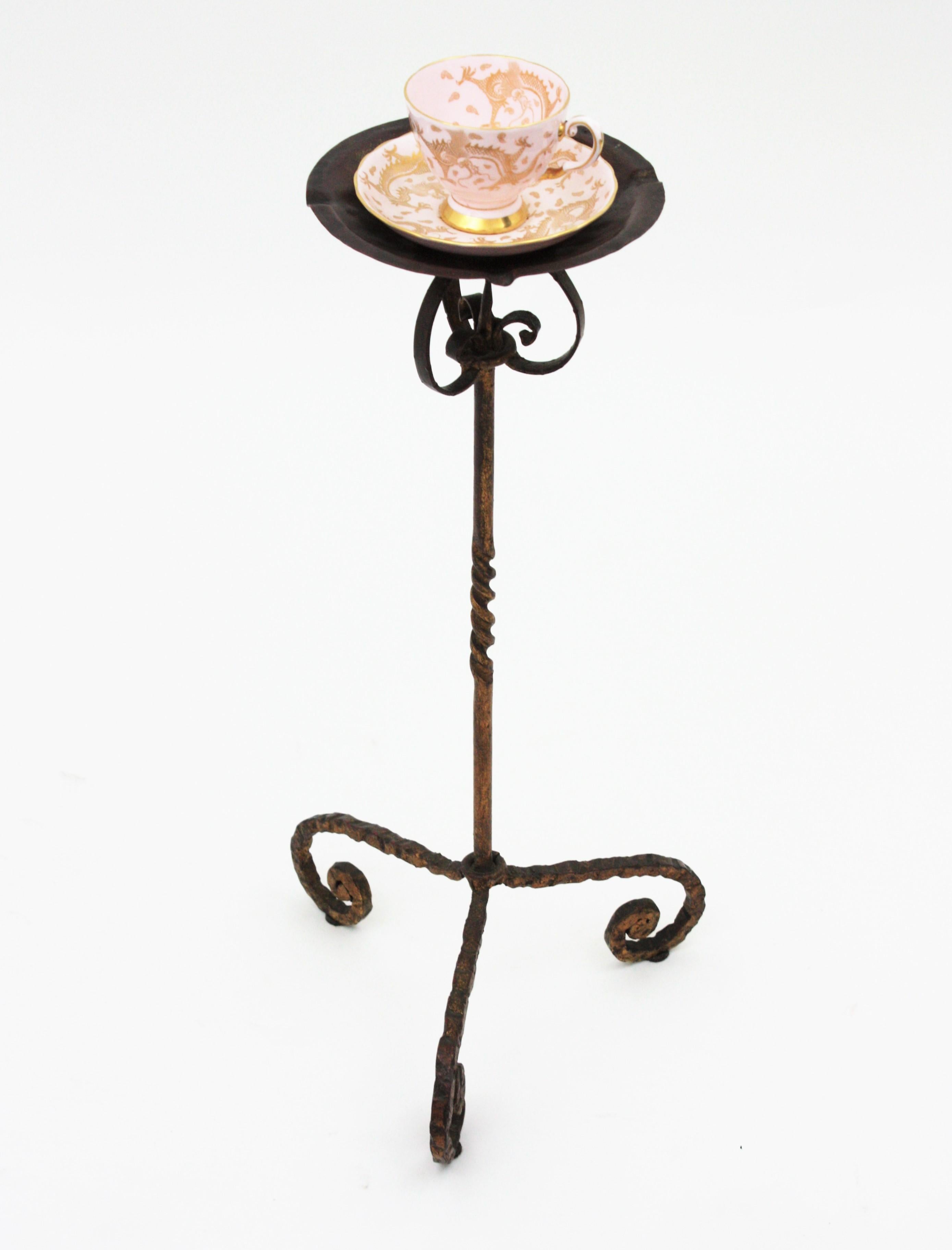 Hammered Spanish Drinks Table / Side Table / Floor Ashtray, Wrought Iron, 1940s For Sale