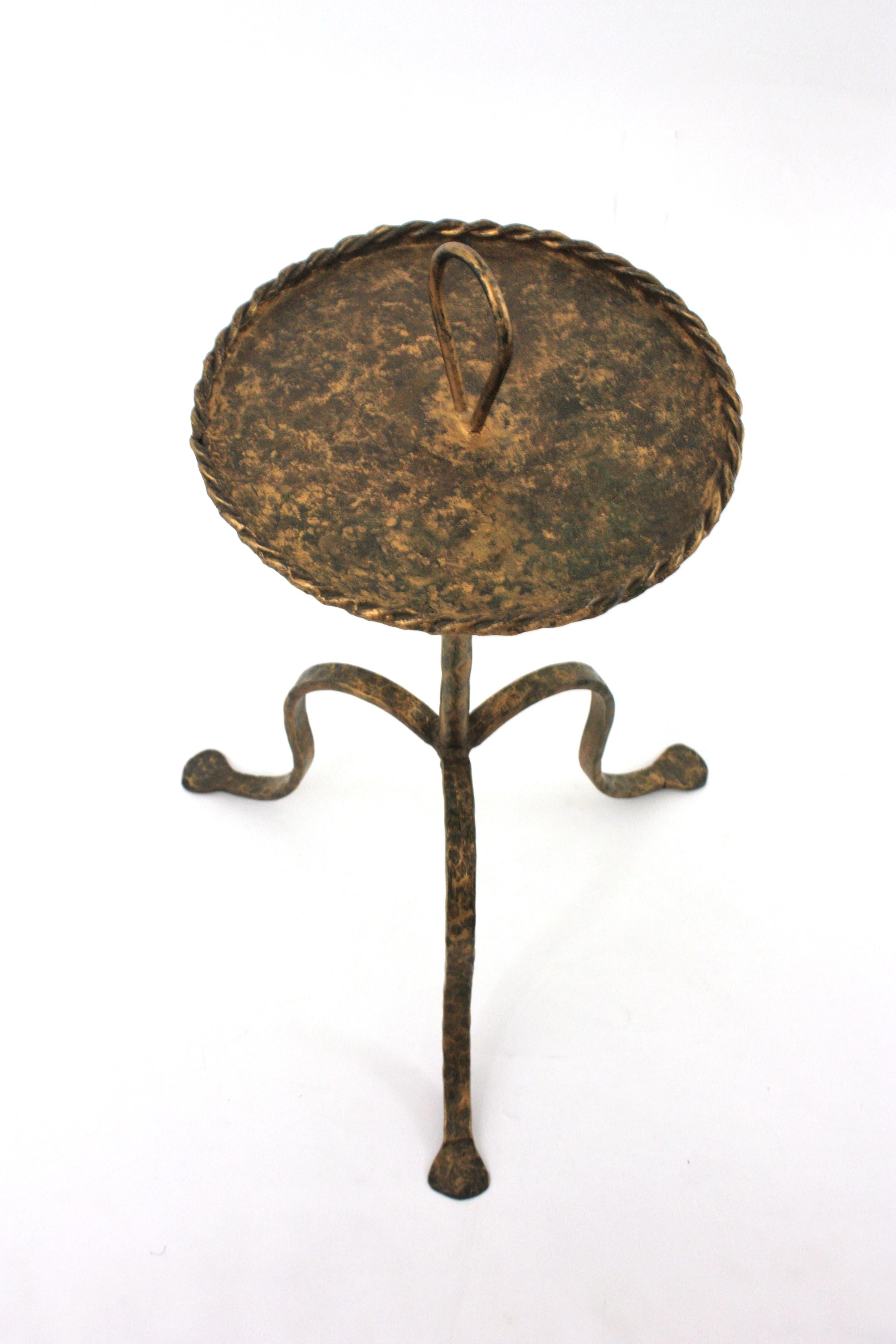Spanish Drinks Table Gueridon with Handle , Wrought Gilt Iron For Sale 6