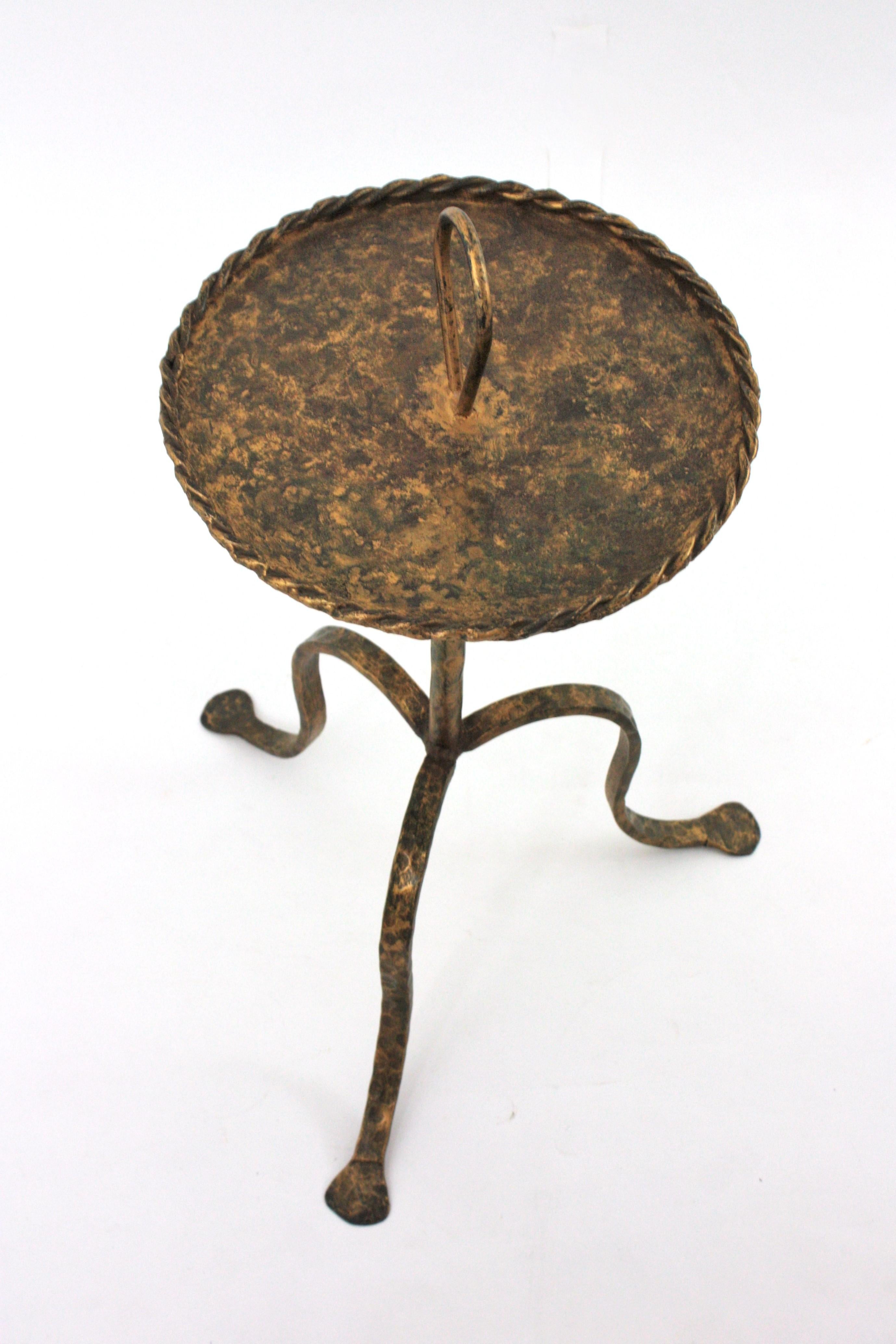 Spanish Drinks Table Gueridon with Handle , Wrought Gilt Iron For Sale 9