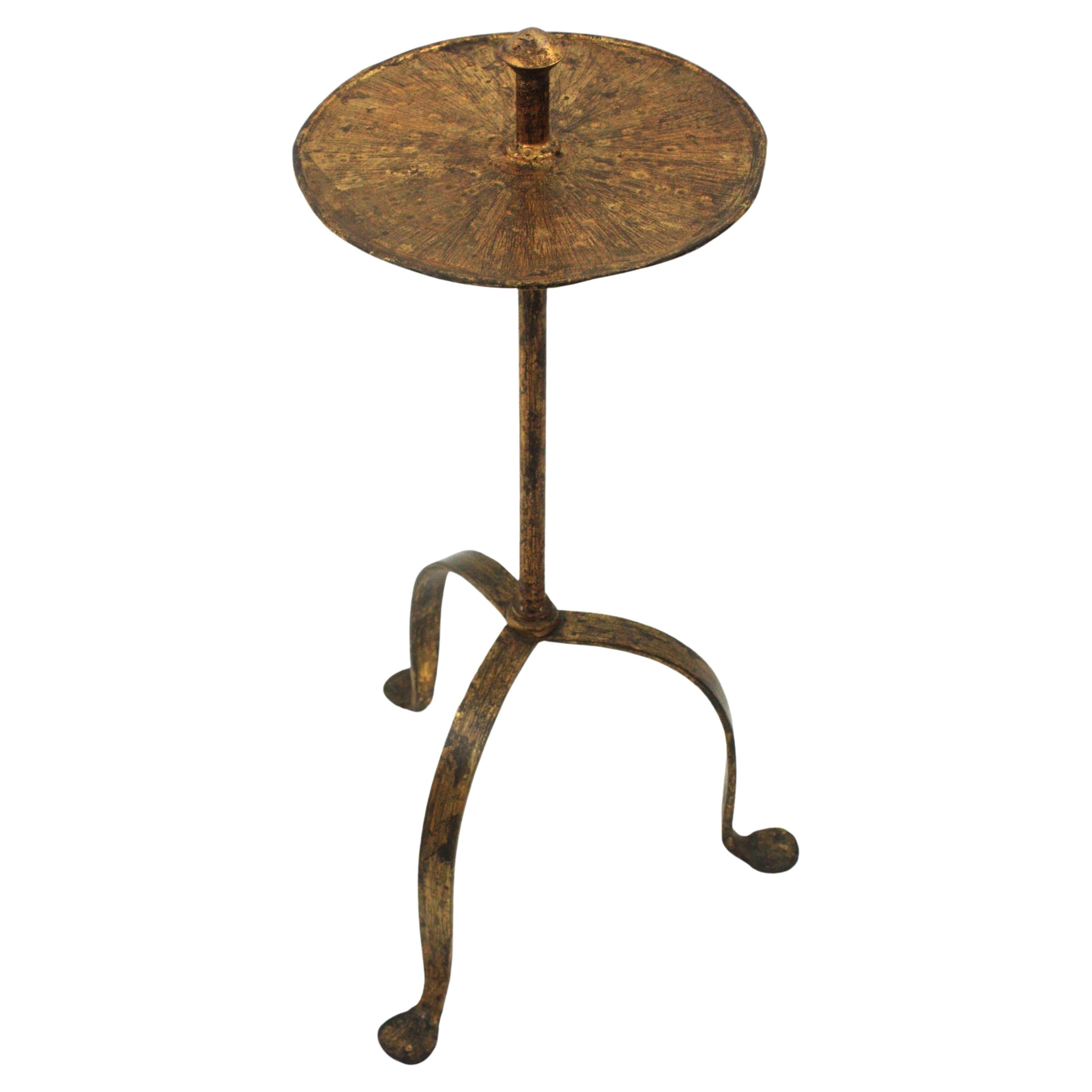 Gothic Revival Spanish 1940s Wrought Iron Gilt Drinks Table / Side Table, Handle Detail For Sale
