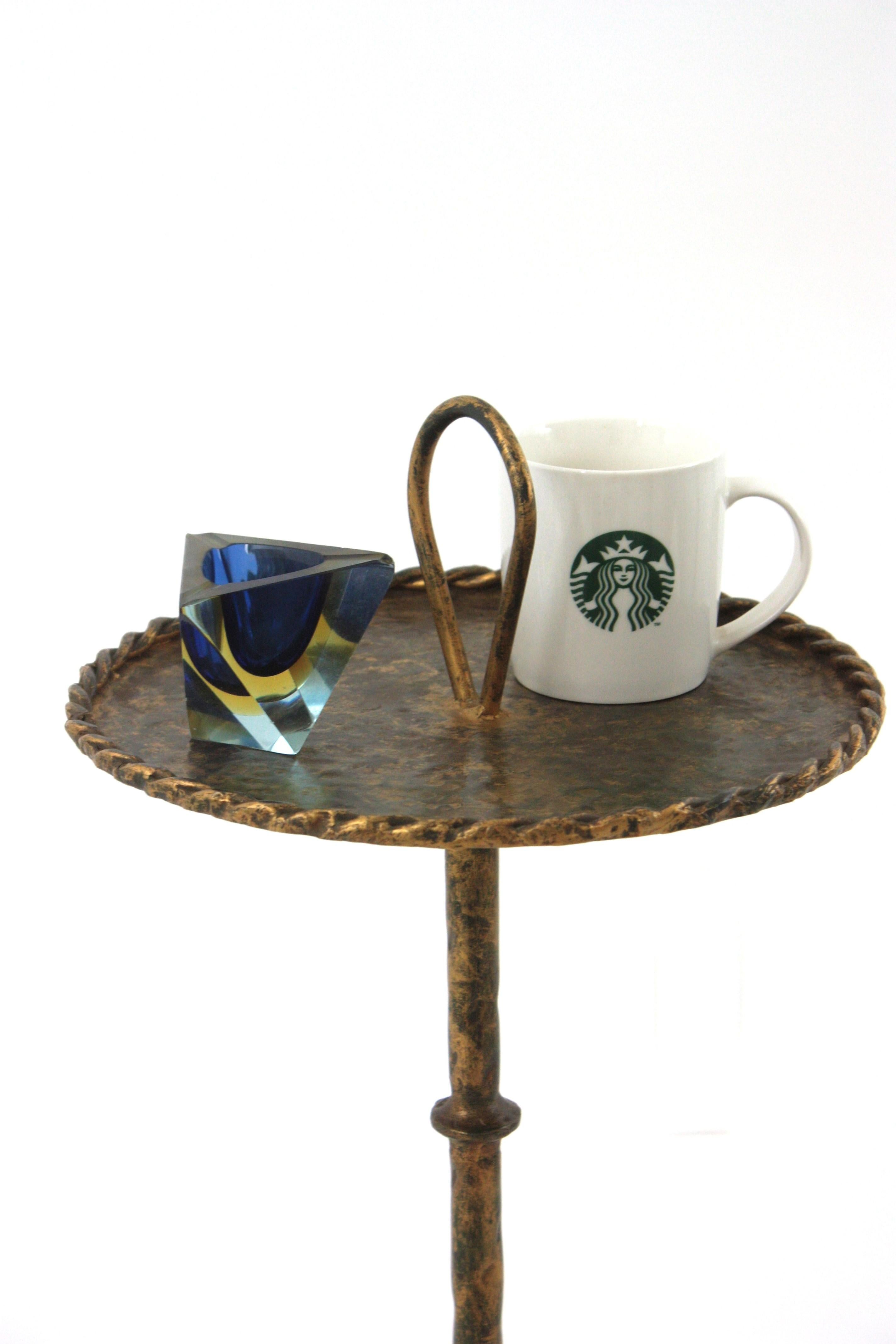 Gothic Revival Spanish Drinks Table Gueridon with Handle , Wrought Gilt Iron For Sale