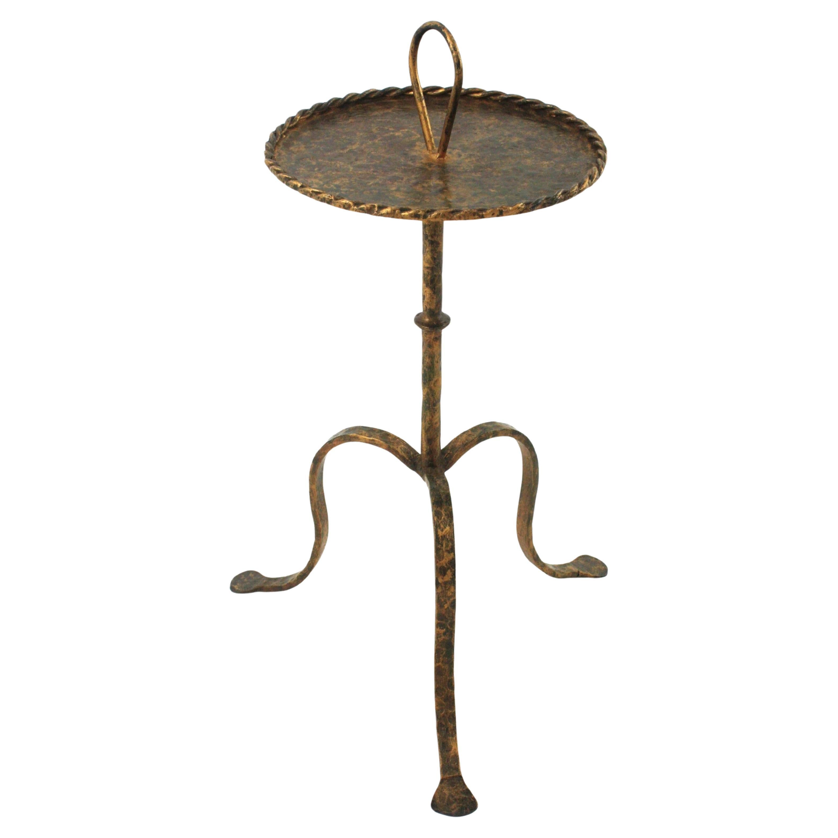 Spanish Drinks Table Gueridon with Handle , Wrought Gilt Iron
