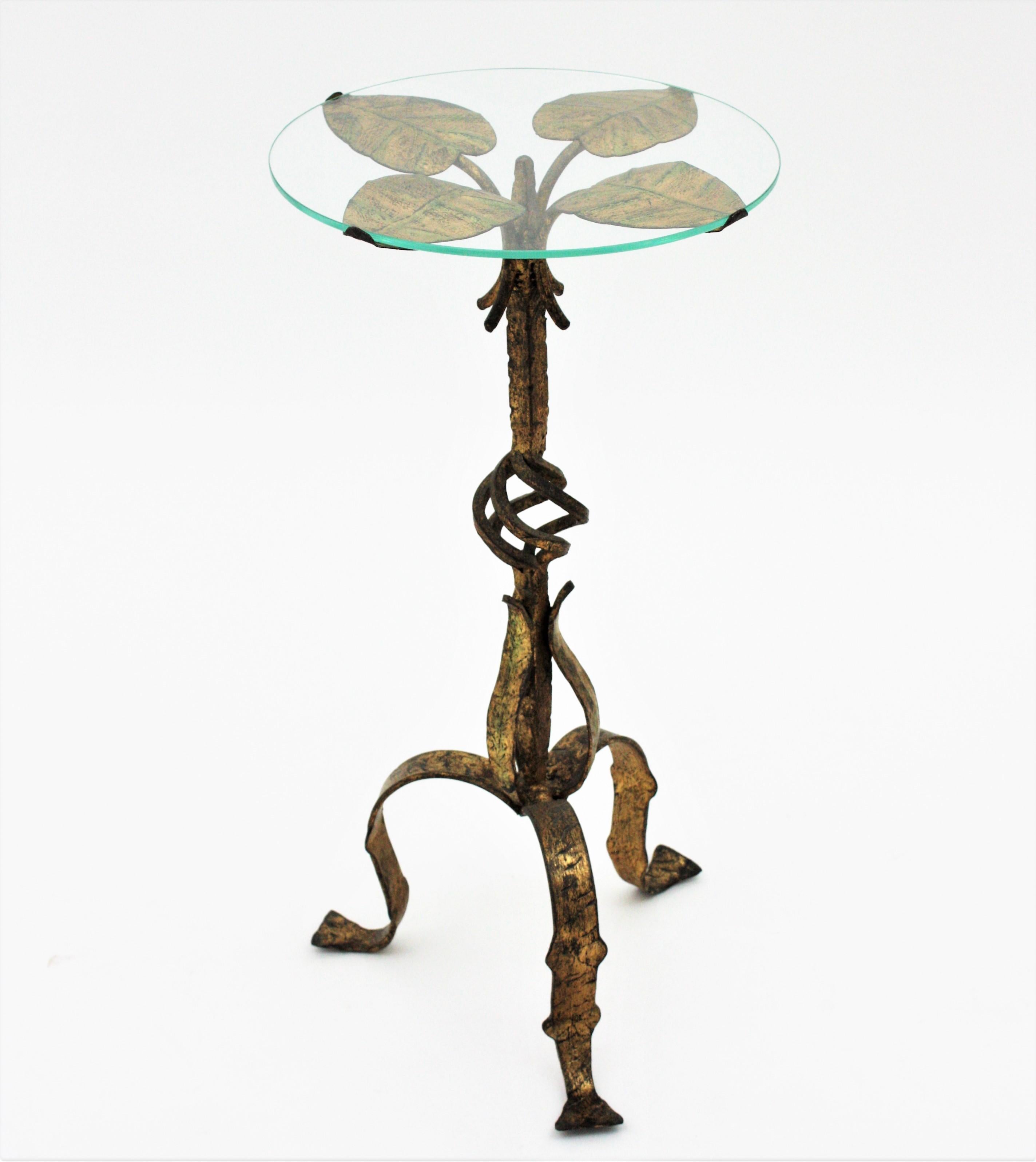 Spanish Drinks Table or Side Table with Foliage Design, Gilt Iron and Glass 7