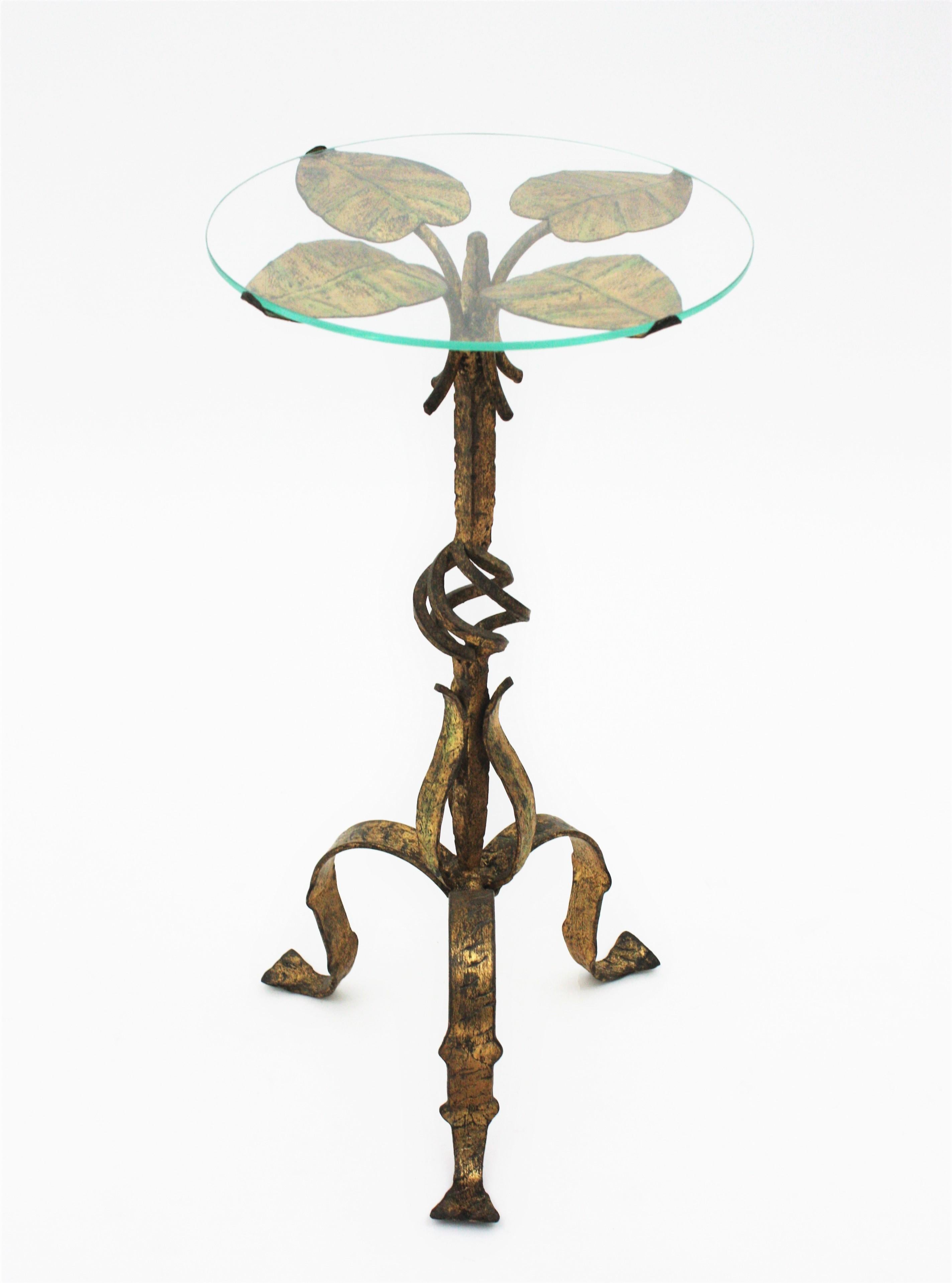 Spanish Drinks Table or Side Table with Foliage Design, Gilt Iron and Glass 10