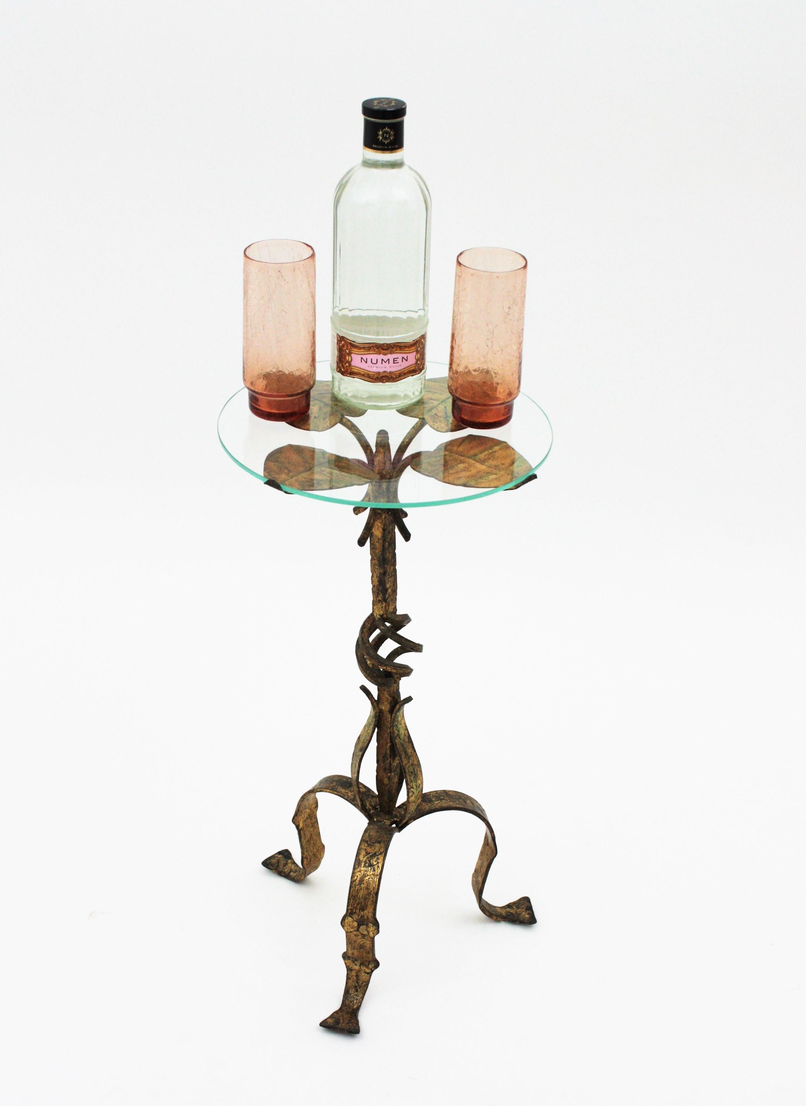 Spanish Drinks Table or Side Table with Foliage Design, Gilt Iron and Glass 11