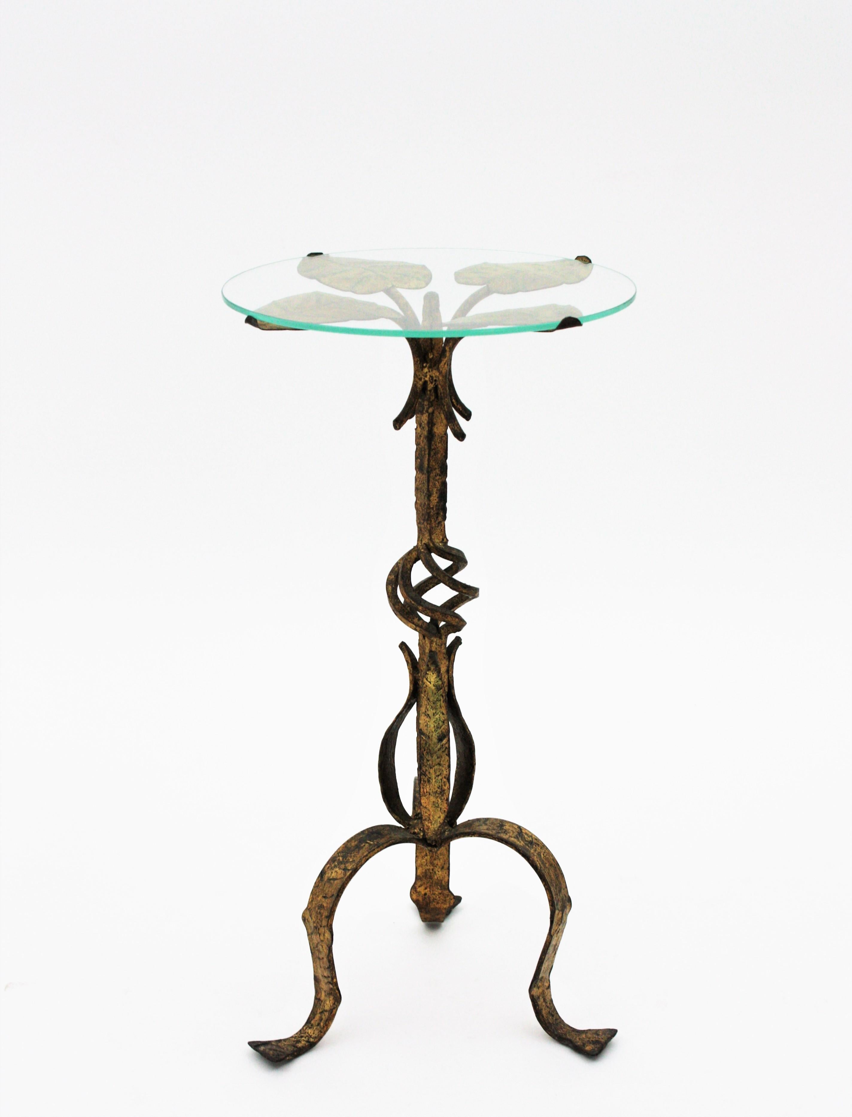 Spanish Drinks Table or Side Table with Foliage Design, Gilt Iron and Glass 4