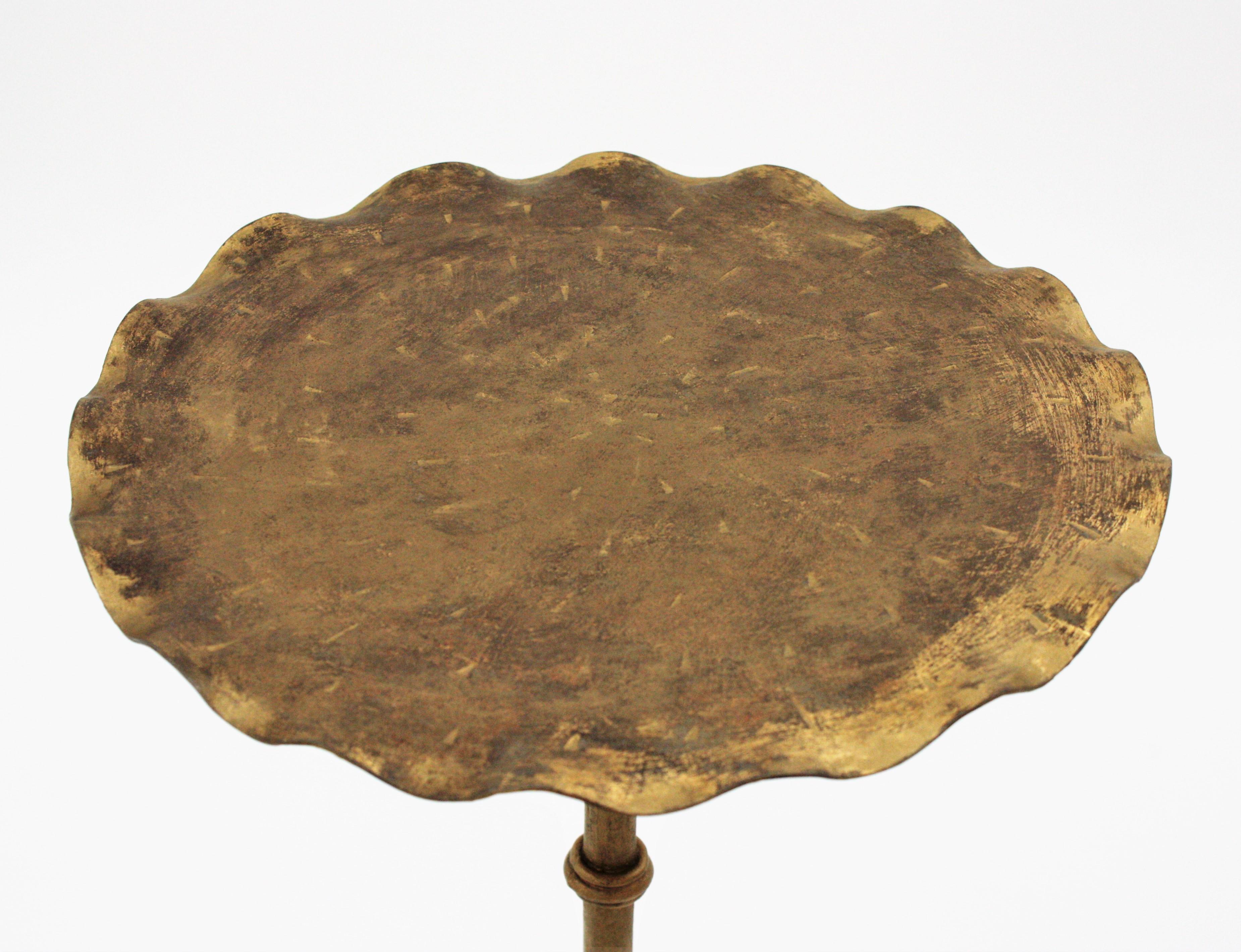 Hammered Spanish Drinks Table / Side Table / Martini Table in Gilt Iron with Wavy Top