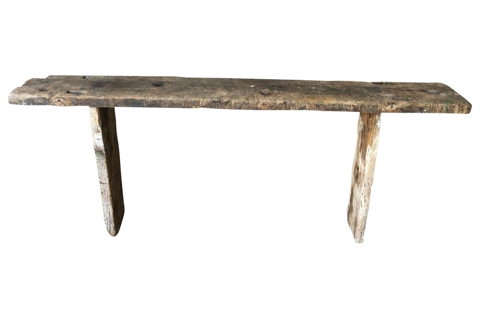 A very handsome early 19th century Primitive Spanish work table - console in naturally washed oak. Its Minimalist form blends beautifully with rustic as well as contemporary.
