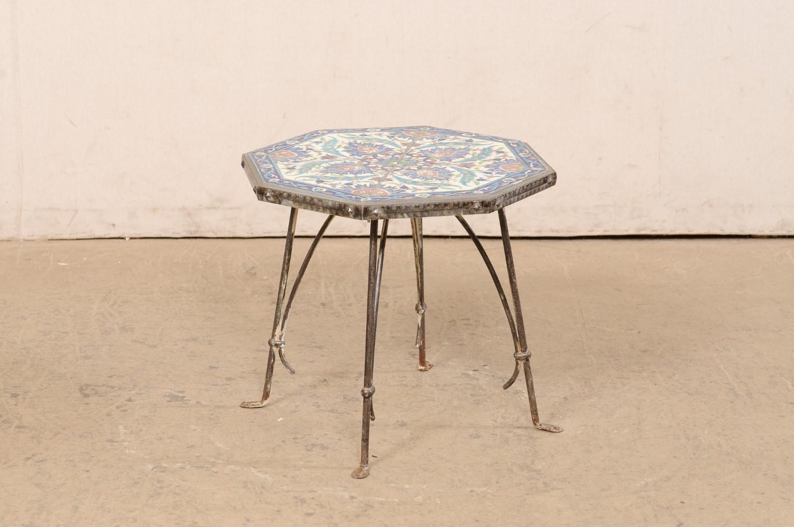 Spanish Early 20th C. Tile Top Table on Iron Base, Octagonal Shape For Sale 1