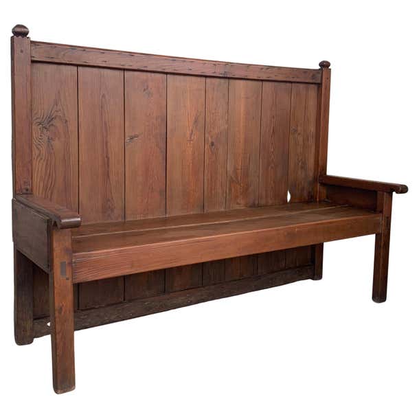 Rustic Bench With High Back Spanish Early 20th Century Bench with Dove-Tail and Tall Back For Sale ...
