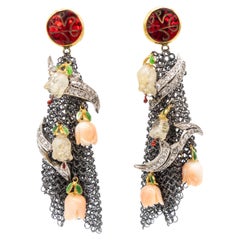 Spanish Earrings Tulips Coral Quartz Gold Diamonds Platinum Red Crystal Mesh 