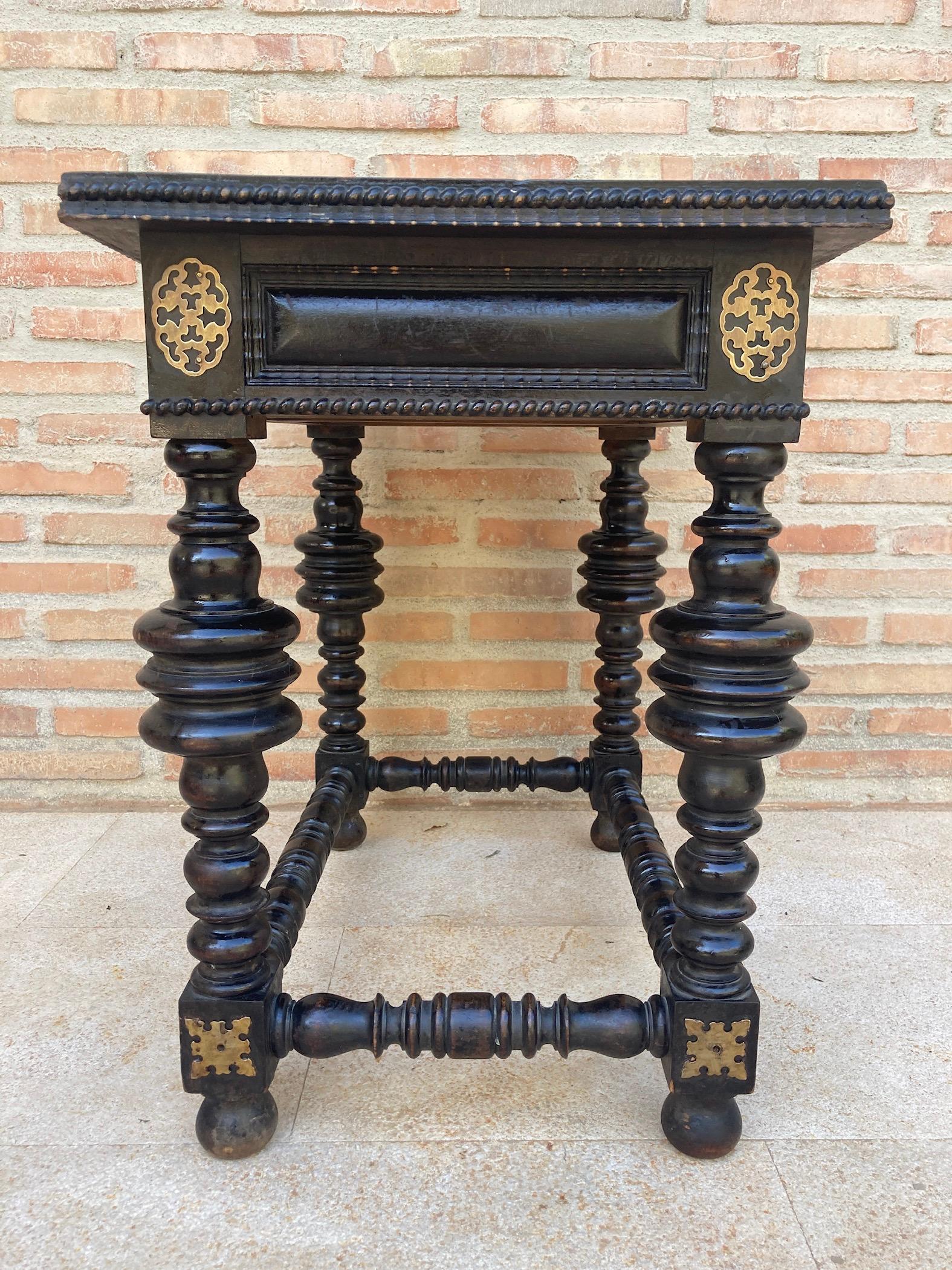Bronze Spanish Ebonized Walnut Side Table with Drawer, 1880s For Sale