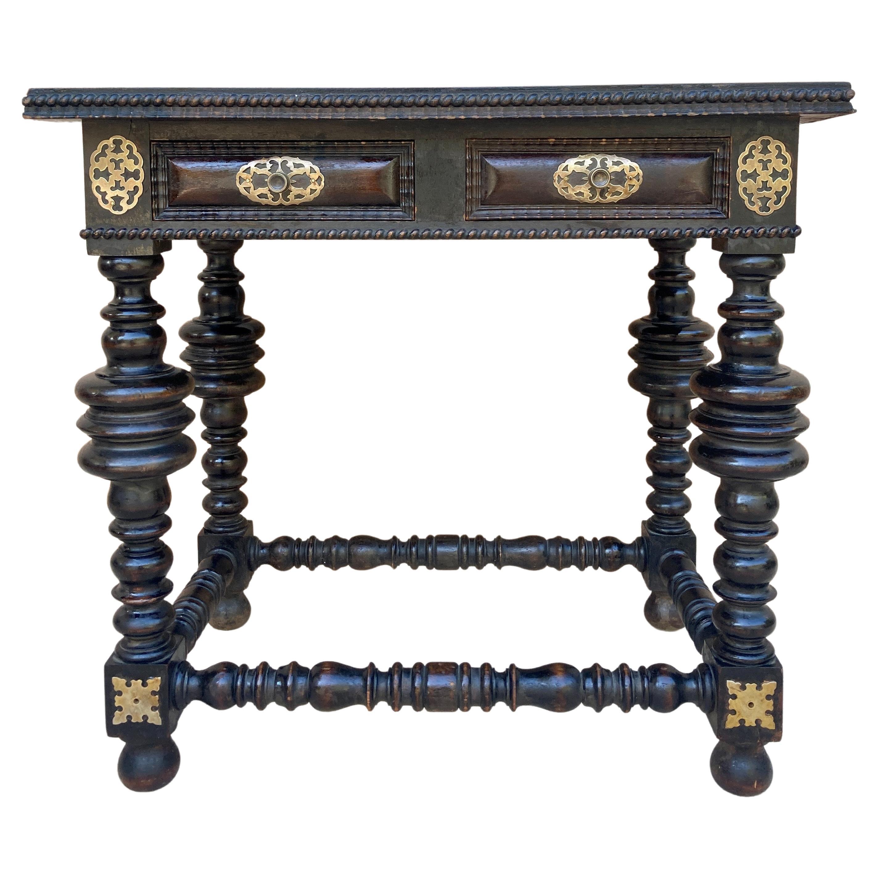 Spanish Ebonized Walnut Side Table with Drawer, 1880s