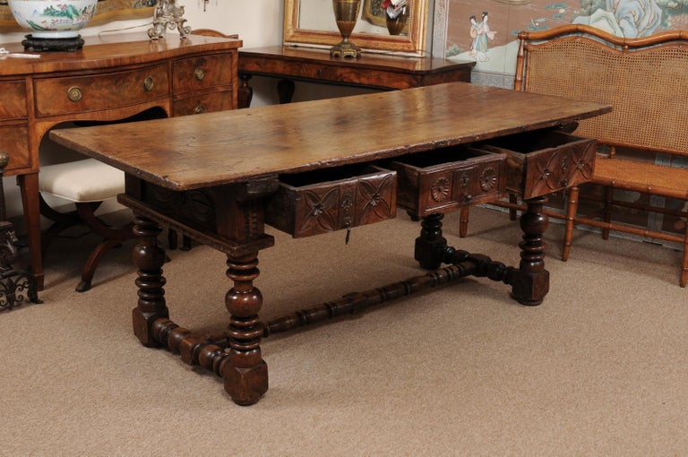 Spanish Elm Baroque Turned Leg Refractory Table, Late 17th Century at