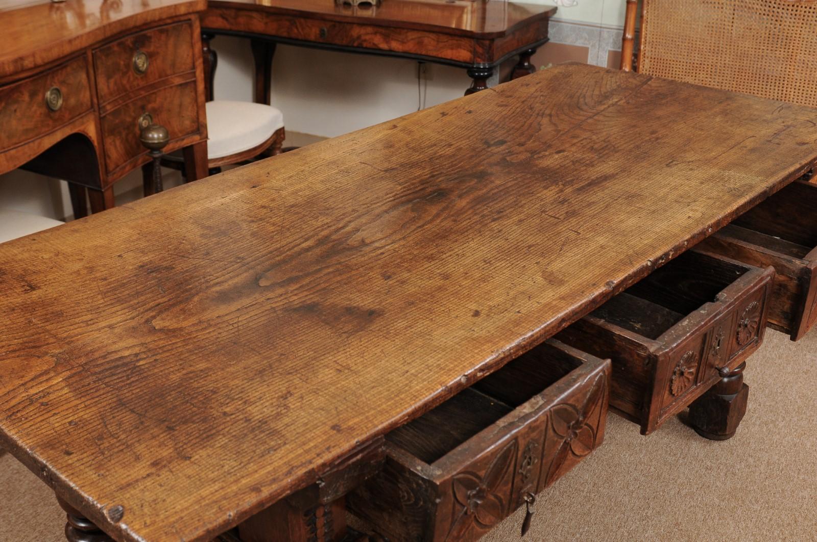 Spanish Elm Baroque Turned Leg Refractory Table, Late 17th Century 1