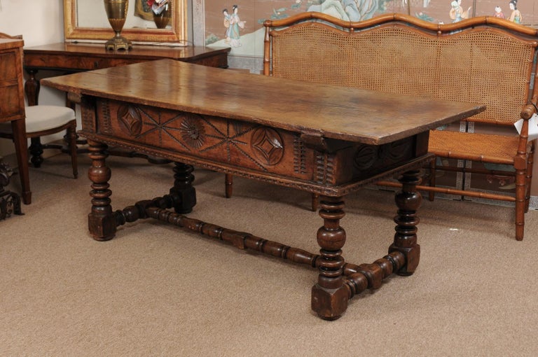 Spanish Elm Baroque Turned Leg Refractory Table, Late 17th Century at