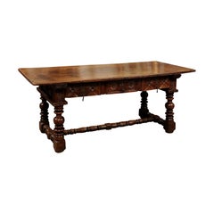 Antique Spanish Elm Baroque Turned Leg Refractory Table, Late 17th Century