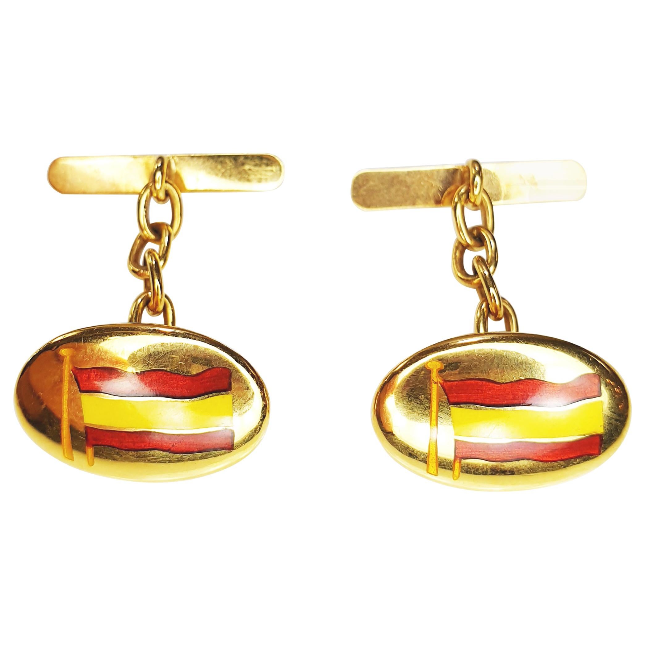 Spanish Enamel Flag Cufflinks in 18 Karat Yellow Gold