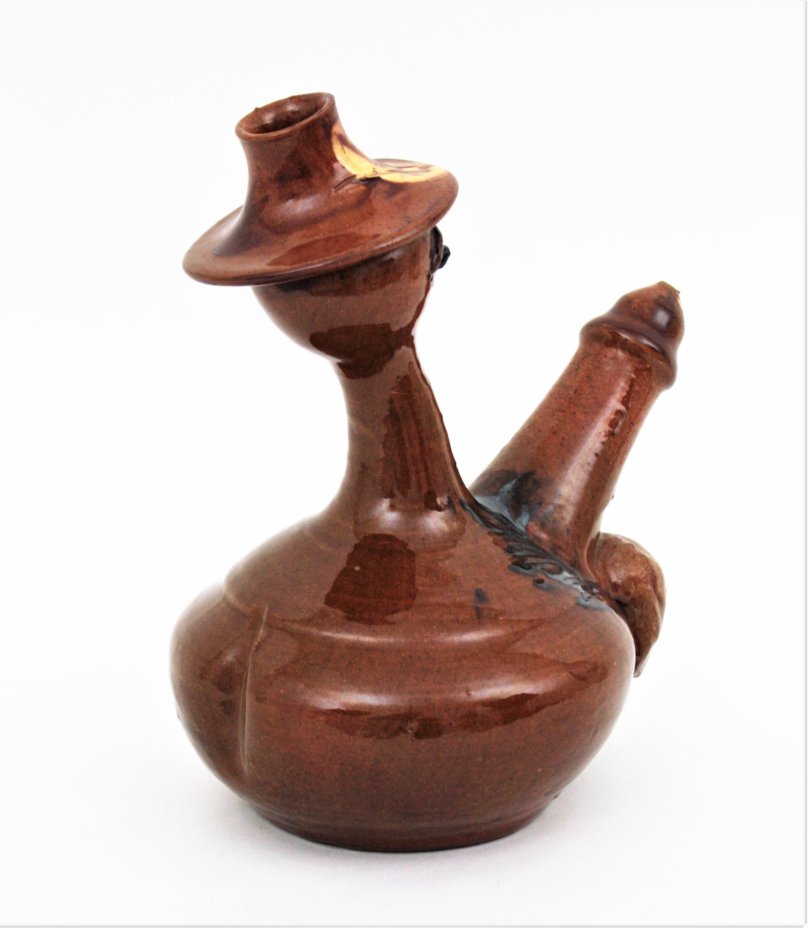 Hand-Crafted Spanish Terracotta Erotic Pitcher Man Phallic Design For Sale