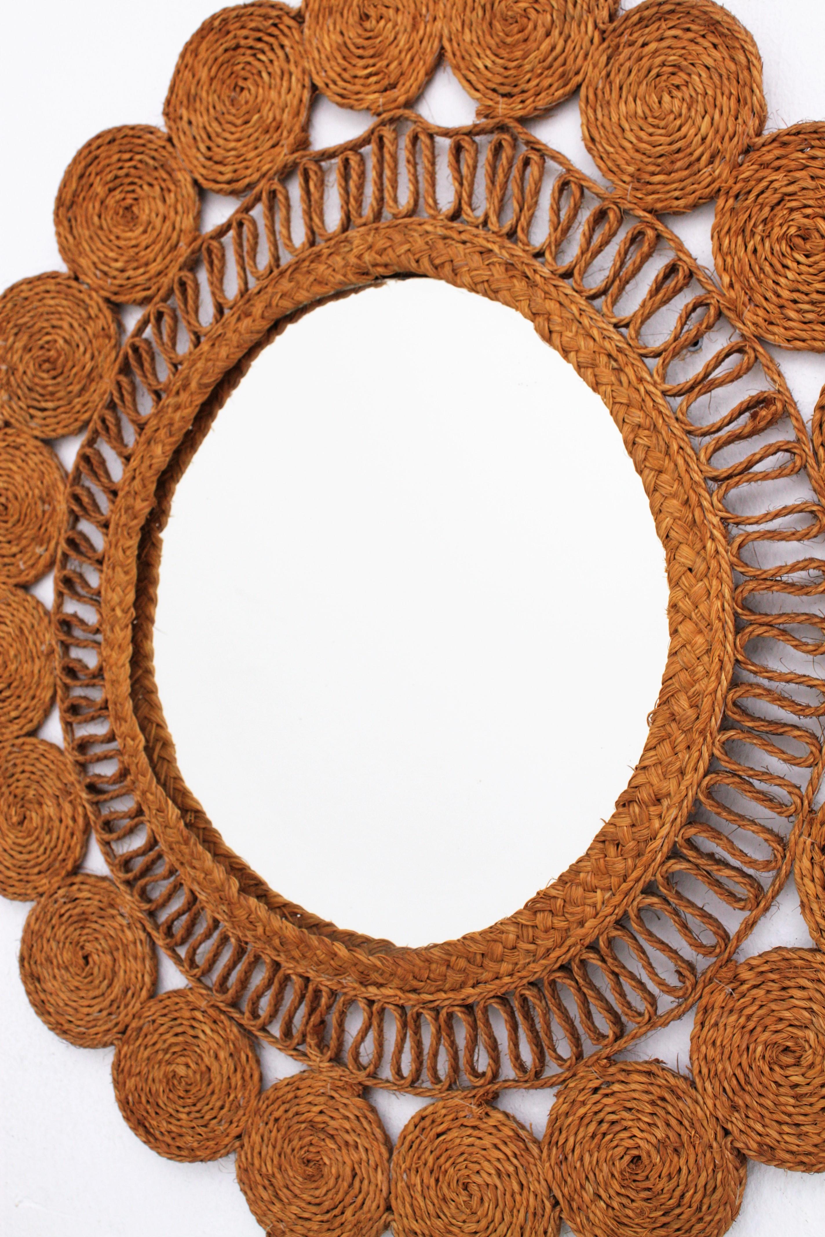 Rustic Woven Esparto Rope Wall Mirror, Spain, 1960s For Sale