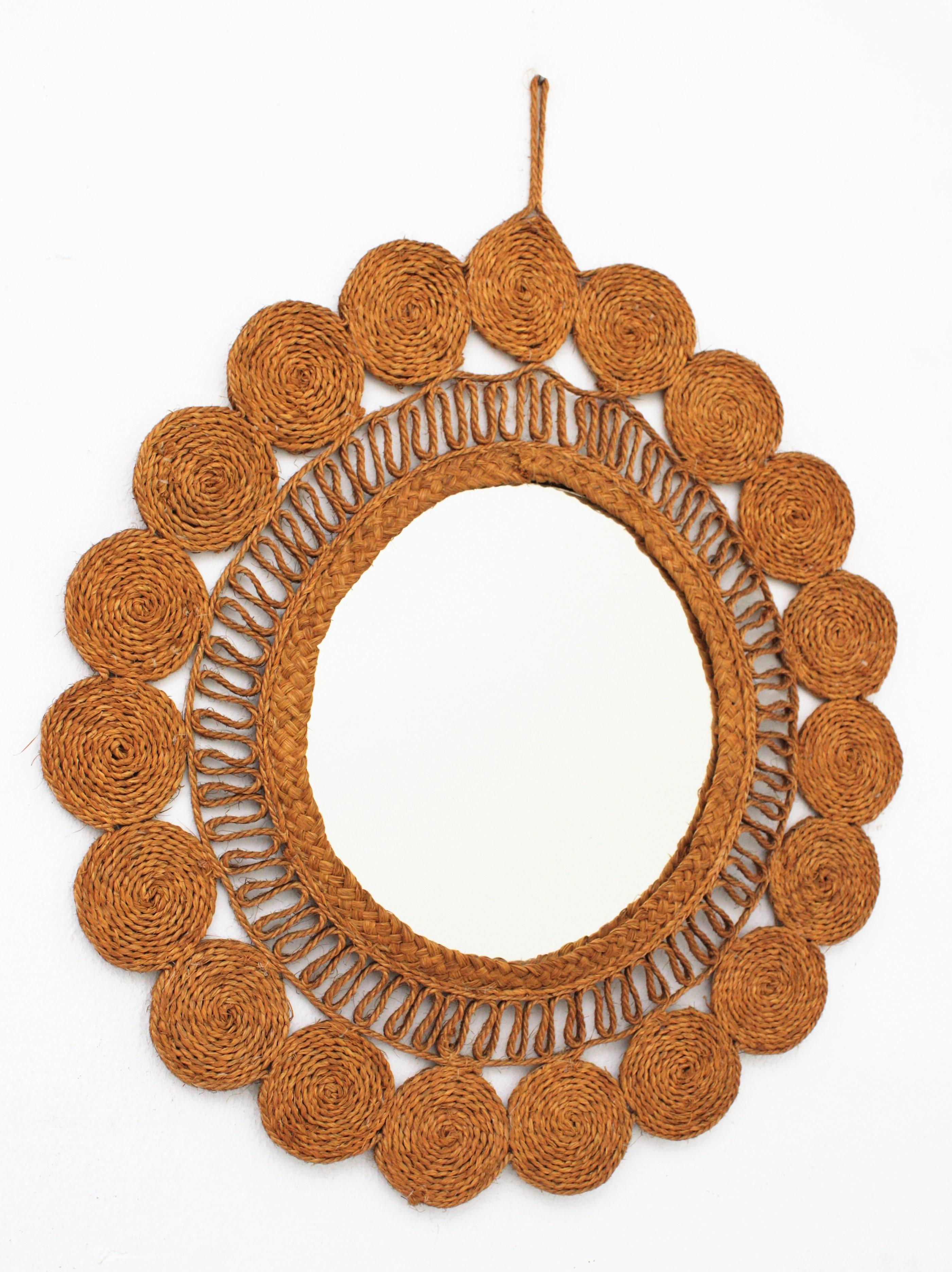 Spanish Woven Esparto Rope Wall Mirror, Spain, 1960s For Sale