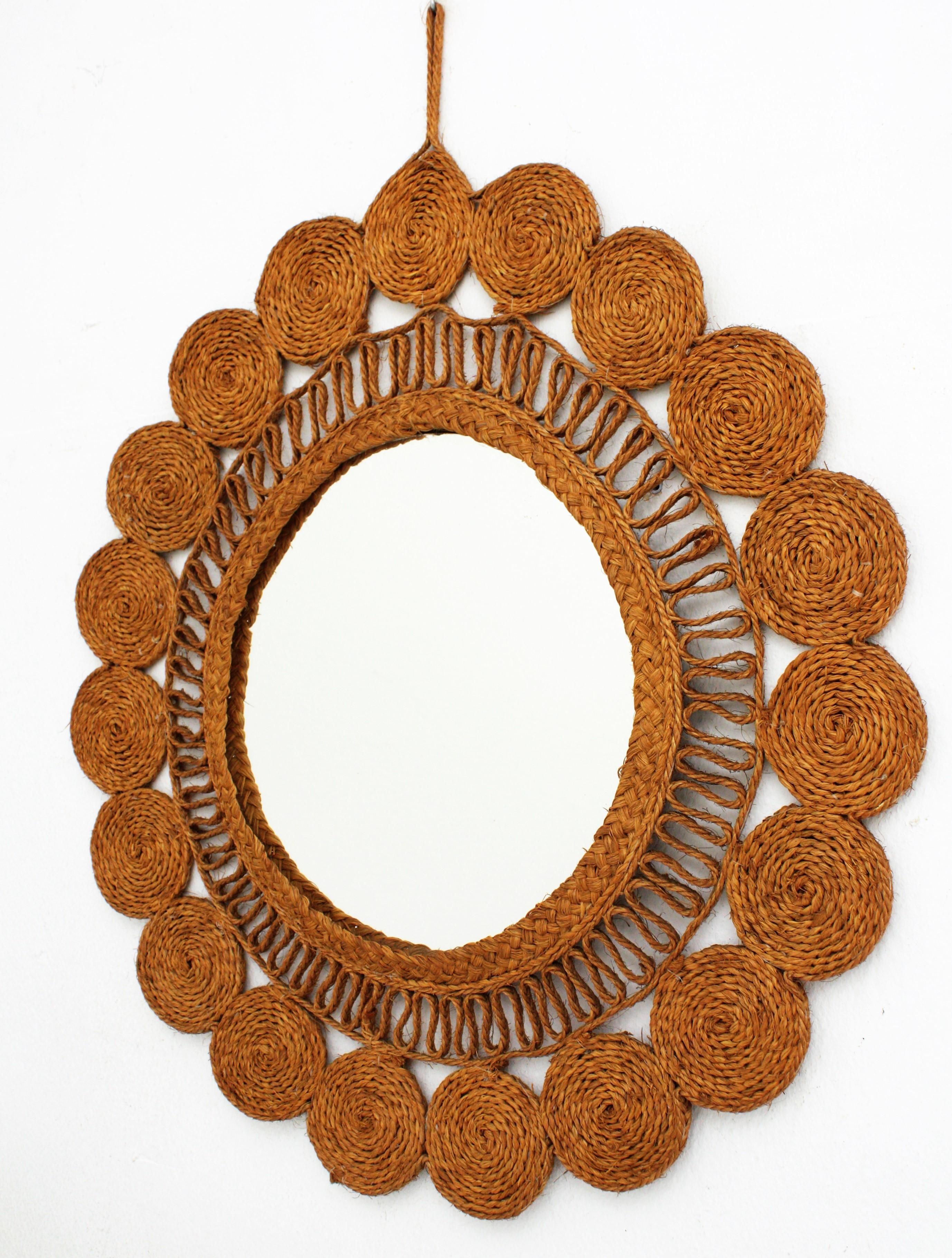 Hand-Crafted Woven Esparto Rope Wall Mirror, Spain, 1960s For Sale