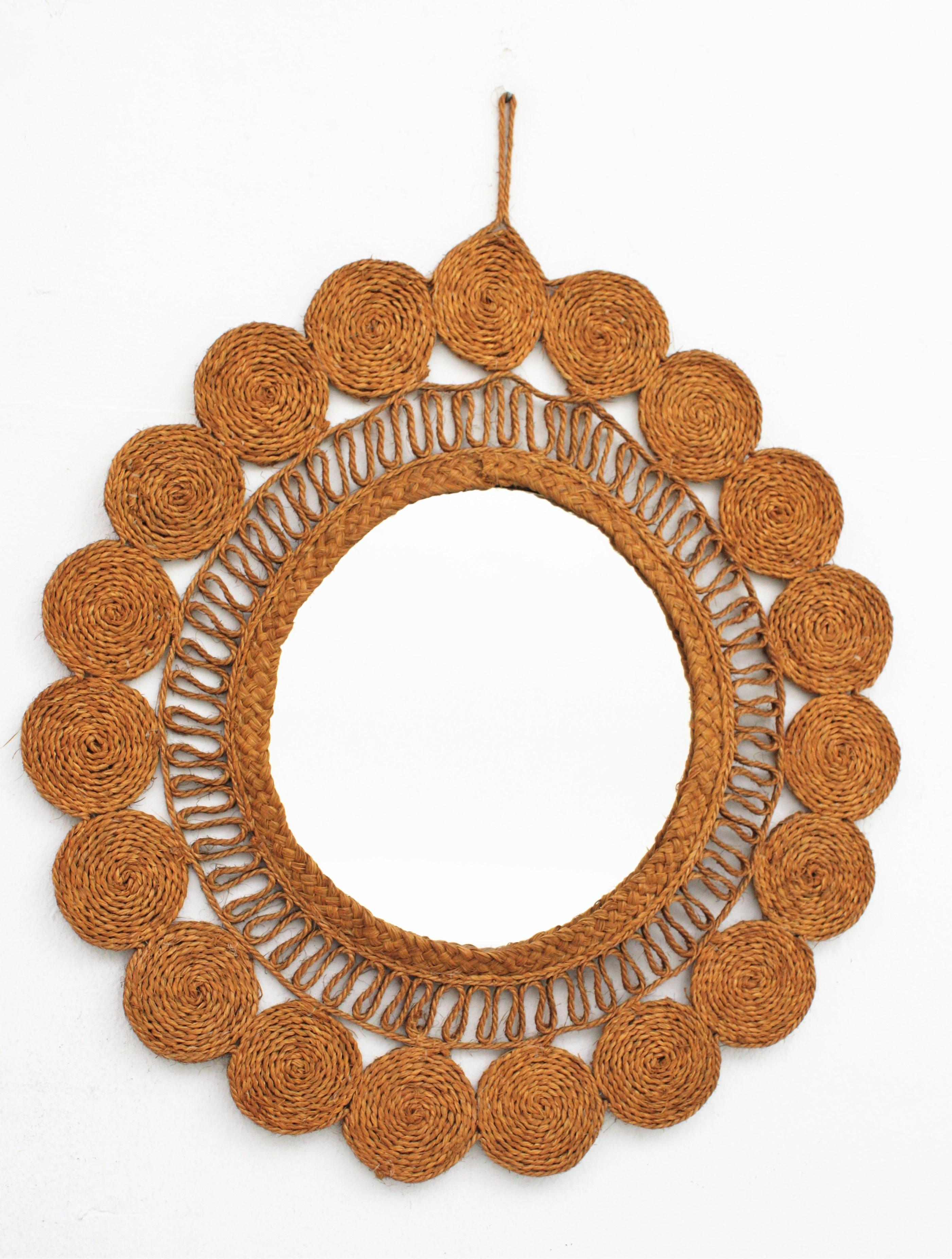 Woven Esparto Rope Wall Mirror, Spain, 1960s In Good Condition For Sale In Barcelona, ES