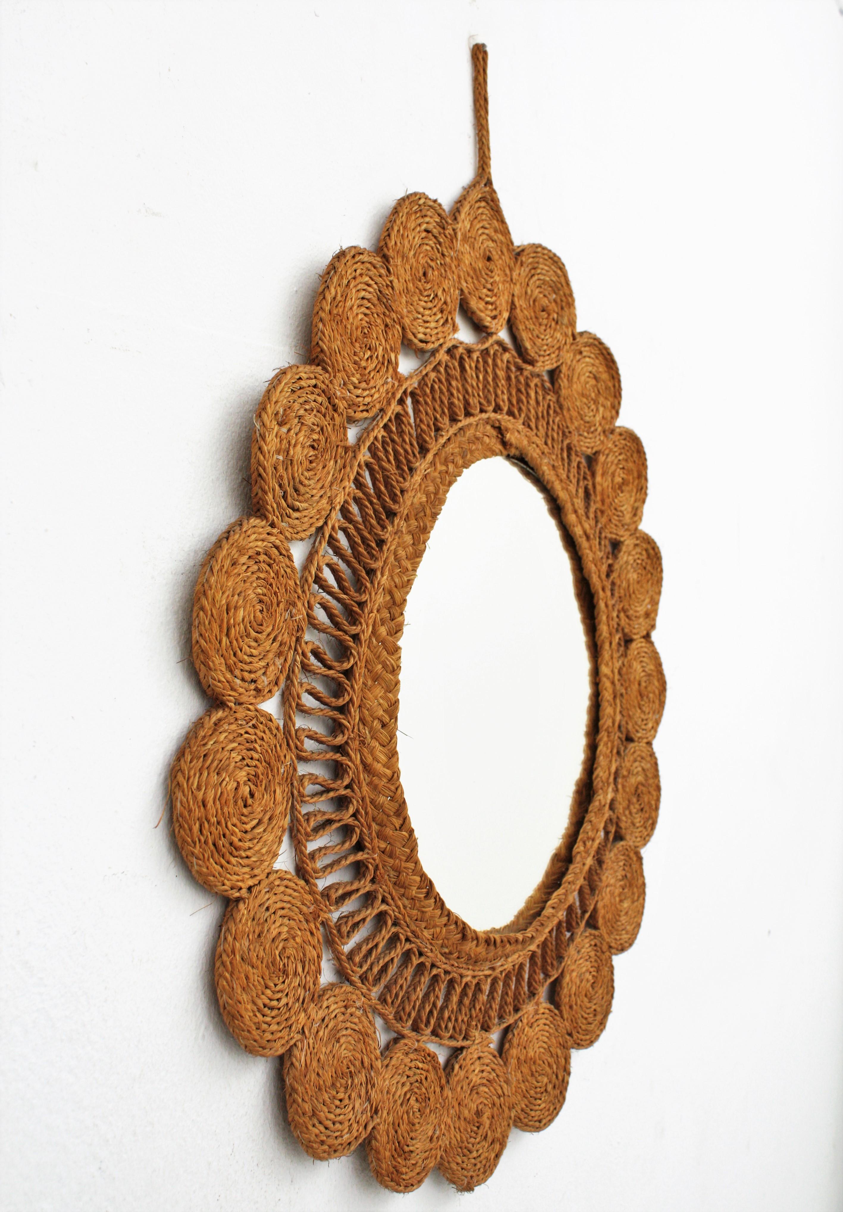 Natural Fiber Woven Esparto Rope Wall Mirror, Spain, 1960s For Sale