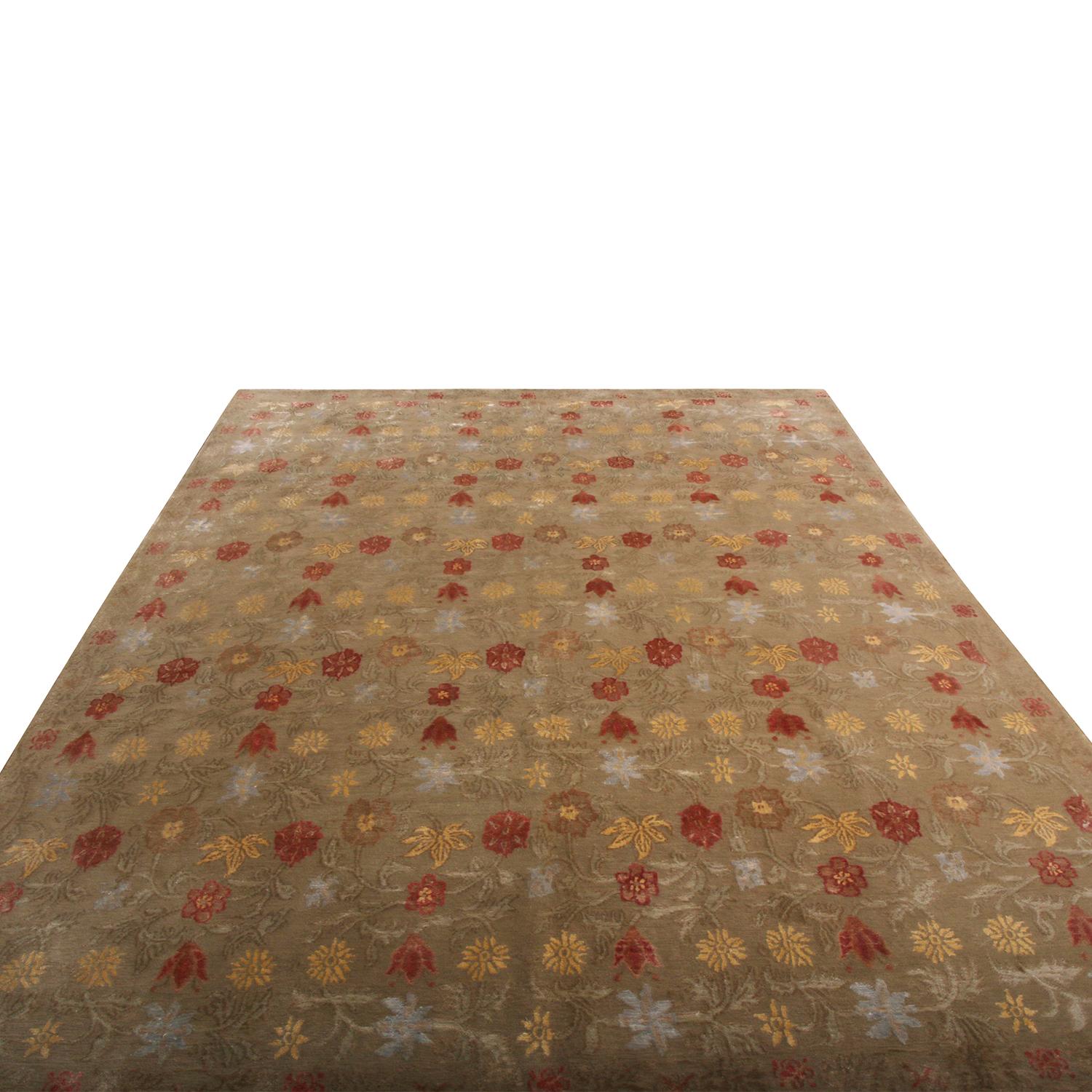 Hand-knotted in premium wool & silk, an 8x10 ode to classic rugs from Rug & Kilim’s European collection inspired from Spanish floral sensibilities transitioning smoothly in subtle brown, pink-red, gold & silver for a reflective and comforting vibe