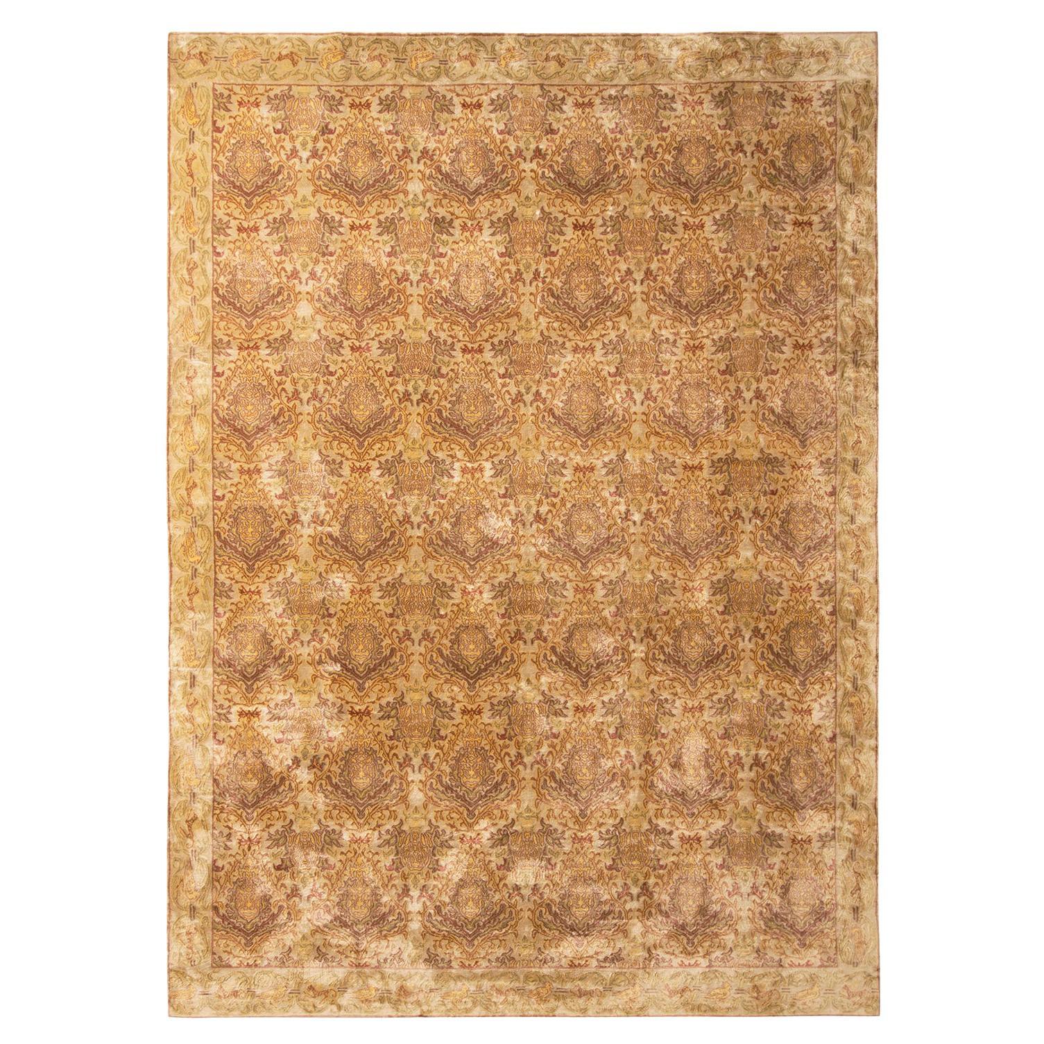 Rug & Kilim's Spanish European Style Rug in Gold, Green, Maroon Floral Pattern