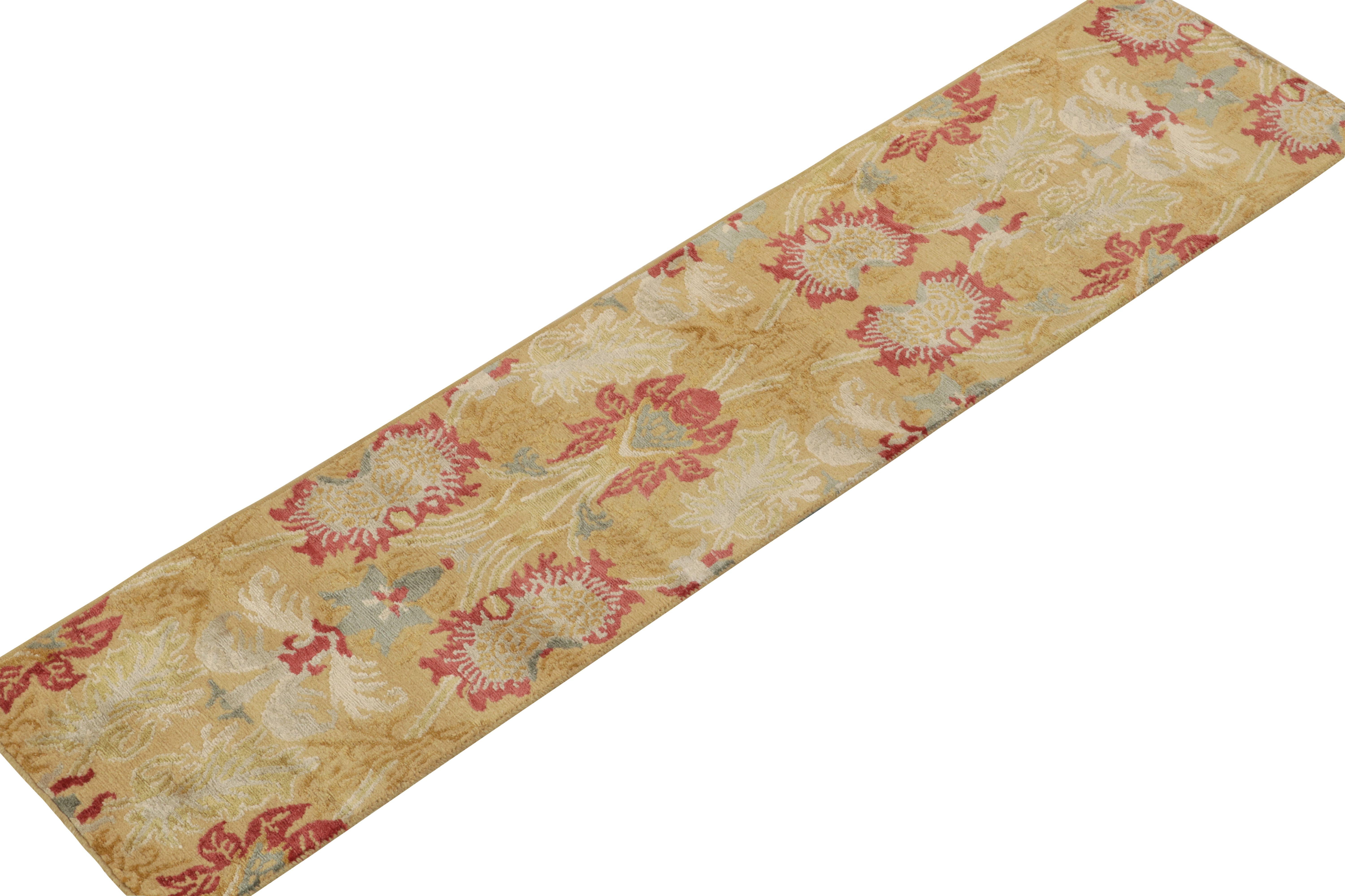 Modern Rug & Kilim's Spanish European Style Runner in Gold, Red & Blue Floral Pattern For Sale