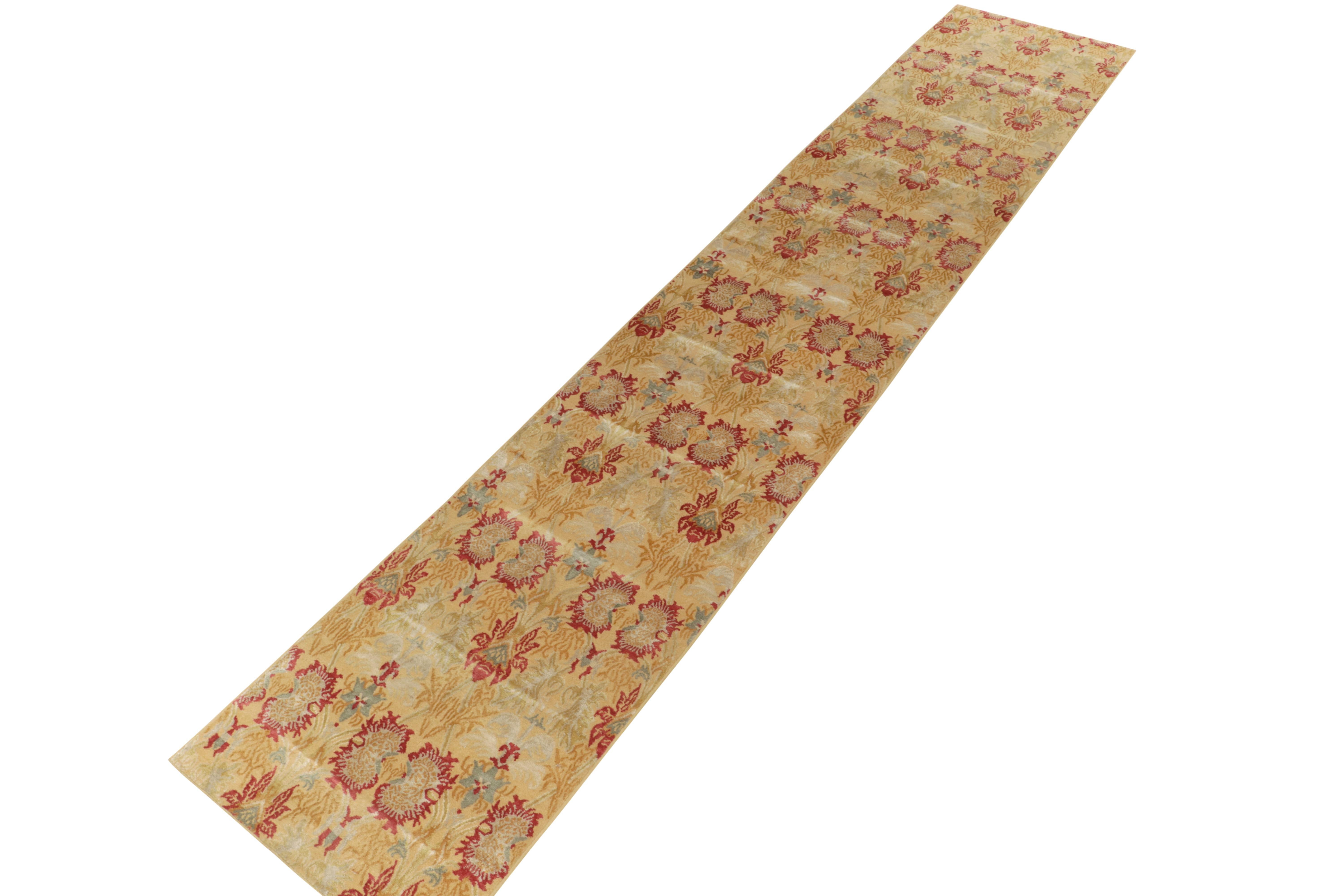 Modern Rug & Kilim's Spanish European Style Runner in Gold, Red & Gray Floral Pattern For Sale
