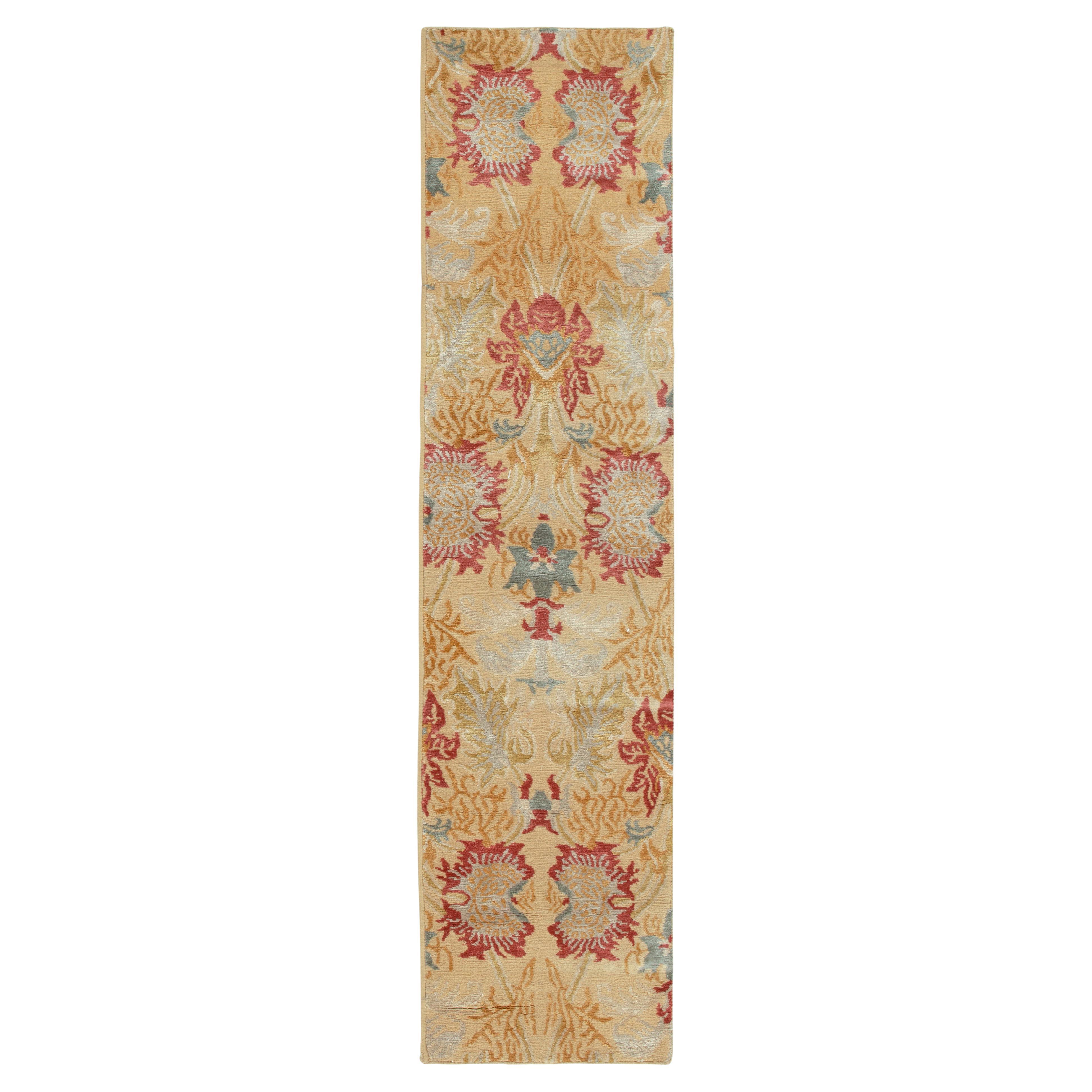 Rug & Kilim's Spanish European Style Runner in Gold, Red & Gray Floral Pattern