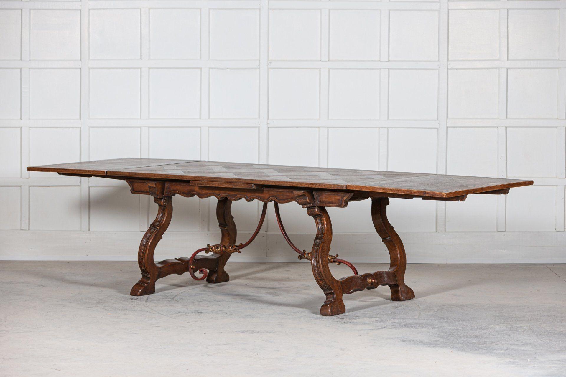 Spanish Extending Oak & Iron Dining Table In Good Condition For Sale In Staffordshire, GB