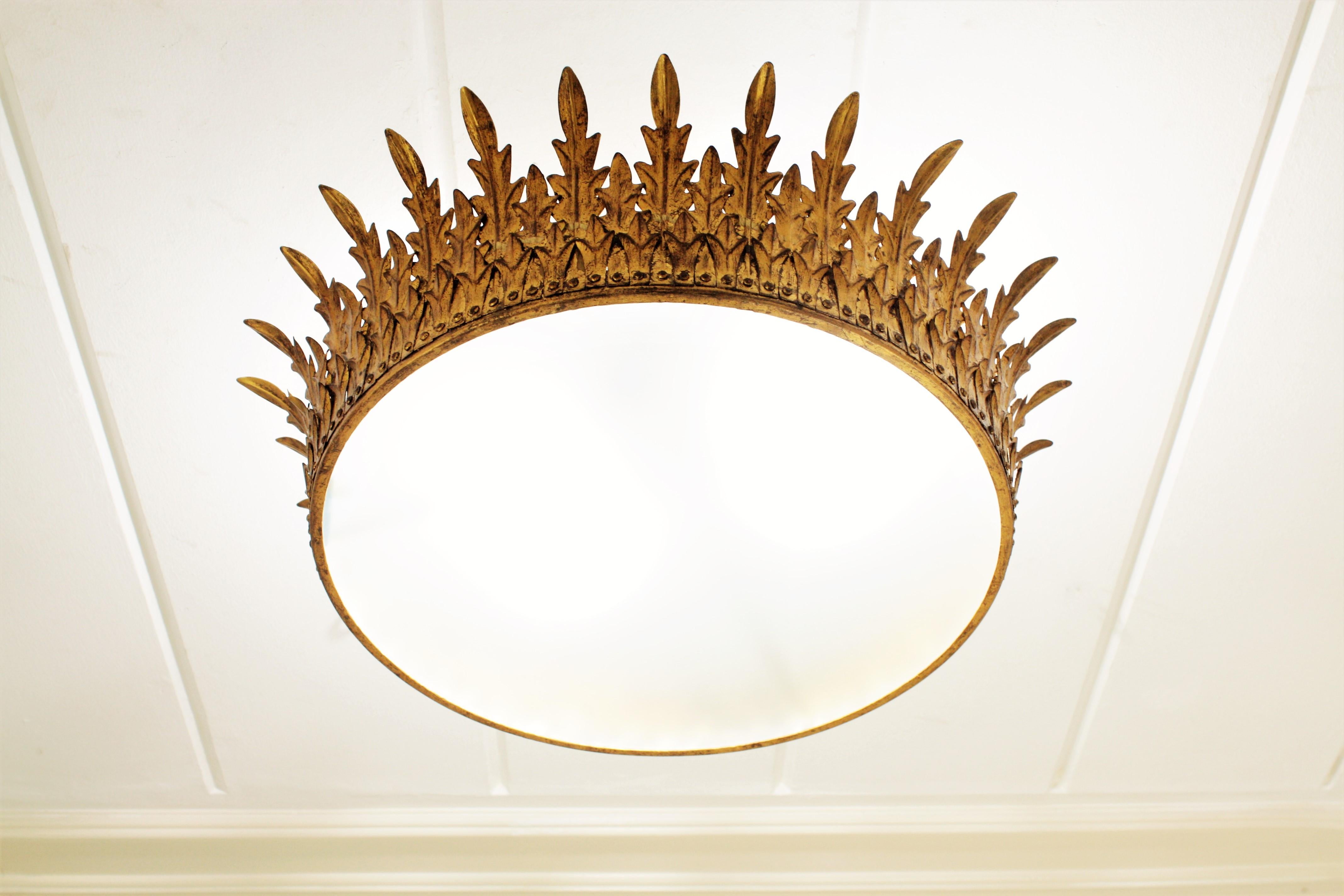 Spanish Extra Large Neoclassical Gilt Iron Sunburst Crown Ceiling Light Fixture 1
