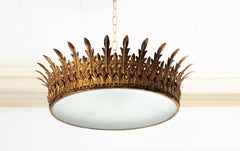 Spanish Extra Large Neoclassical Gilt Iron Sunburst Crown Ceiling Light Fixture