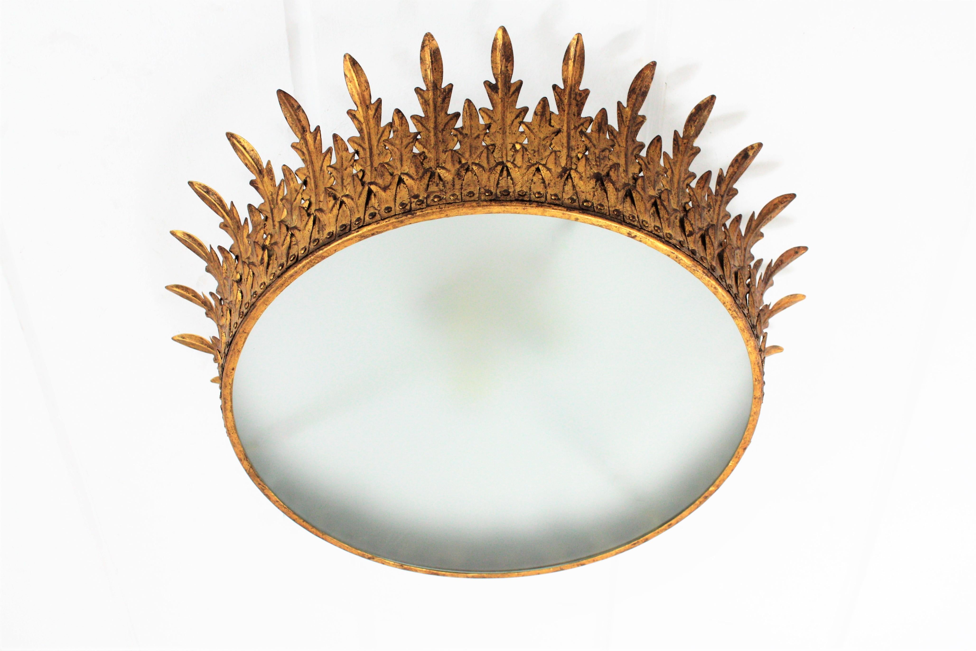 20th Century Spanish Extra Large Neoclassical Gilt Iron Sunburst Crown Ceiling Light Fixture