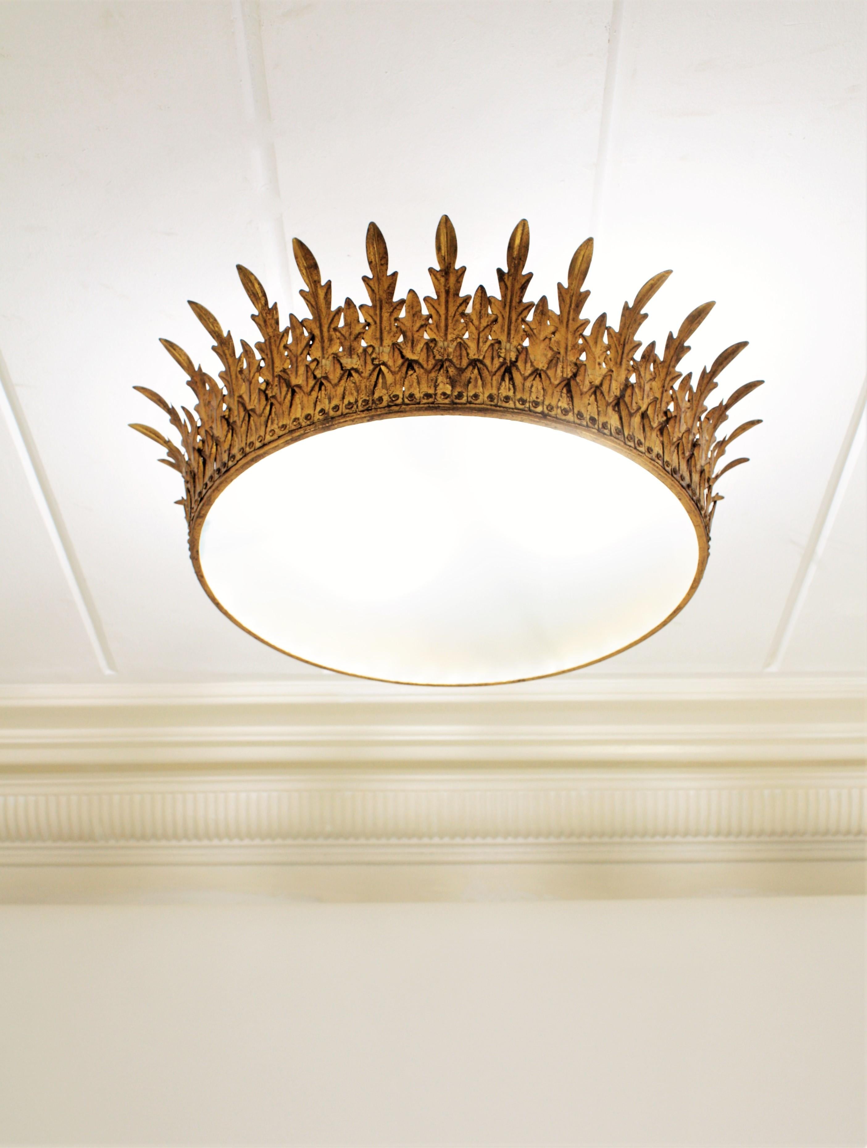Metal Spanish Extra Large Neoclassical Gilt Iron Sunburst Crown Ceiling Light Fixture