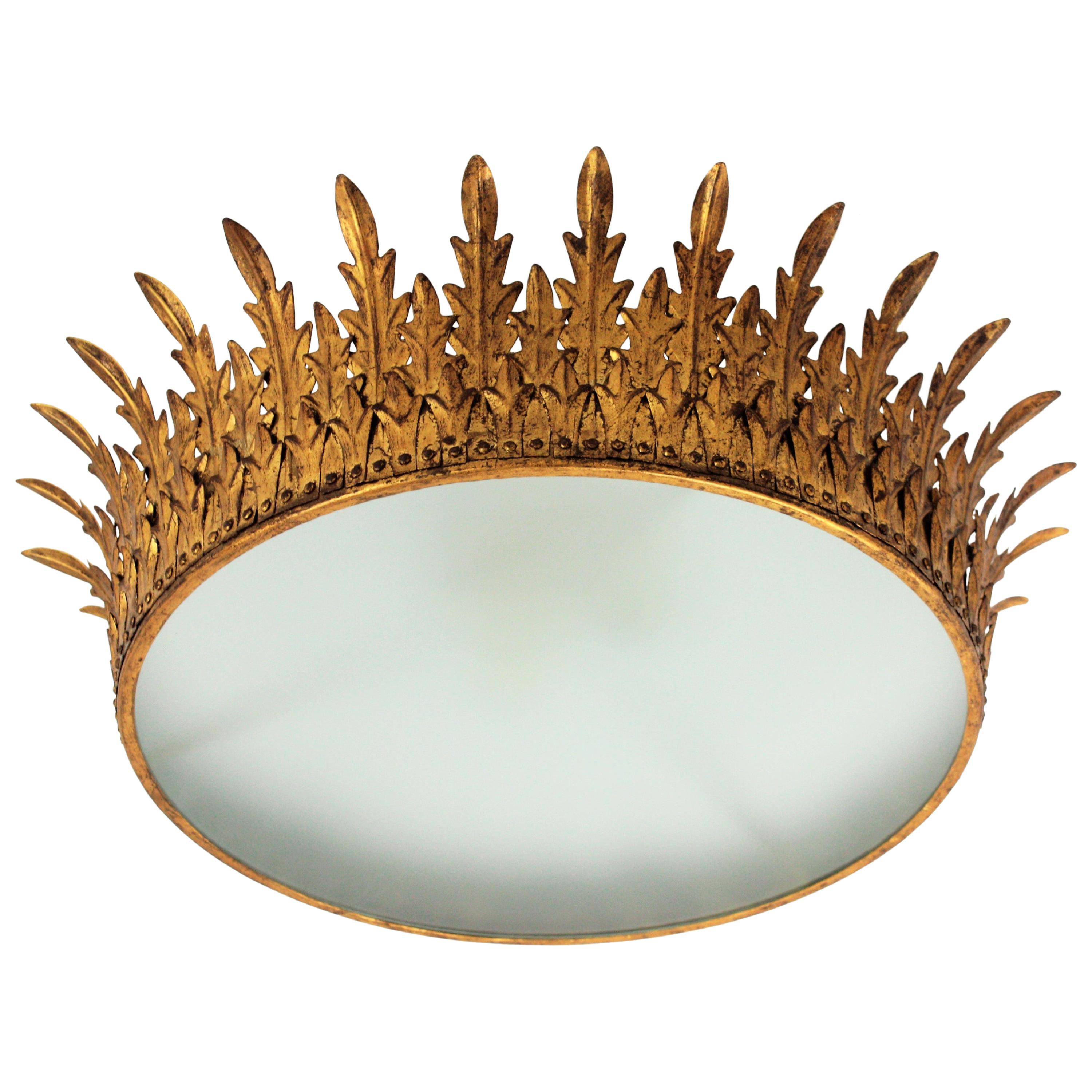 Spanish Extra Large Neoclassical Gilt Iron Sunburst Crown Ceiling Light Fixture