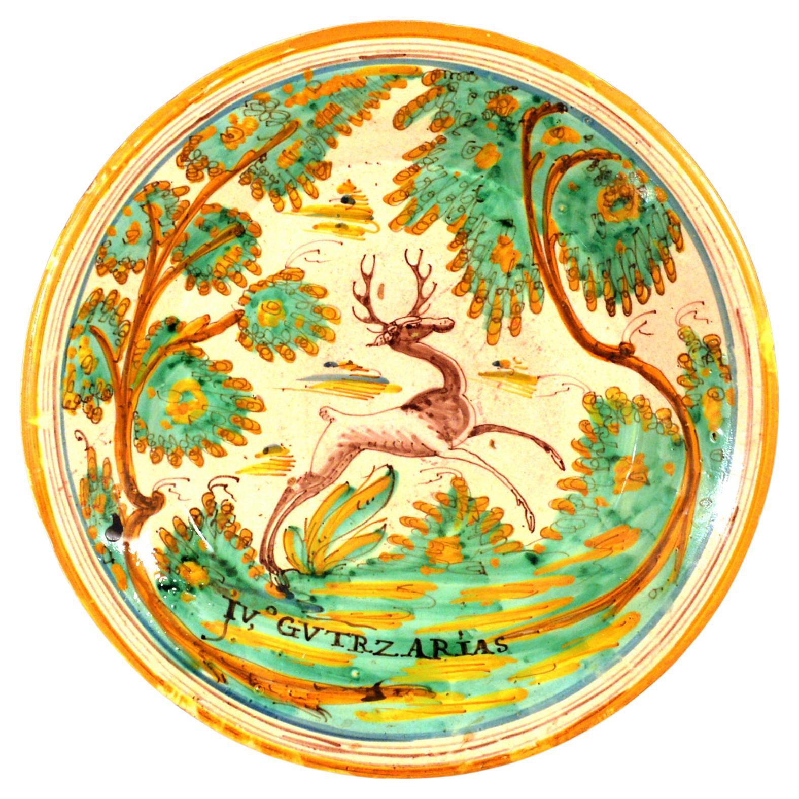 Spanish Faience Charger with Leaping Stag, Talavera, circa 1780-1800 For Sale